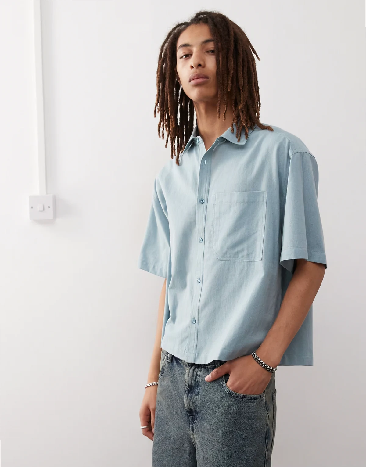 boxy linen mix short sleeve shirt in dusty blue