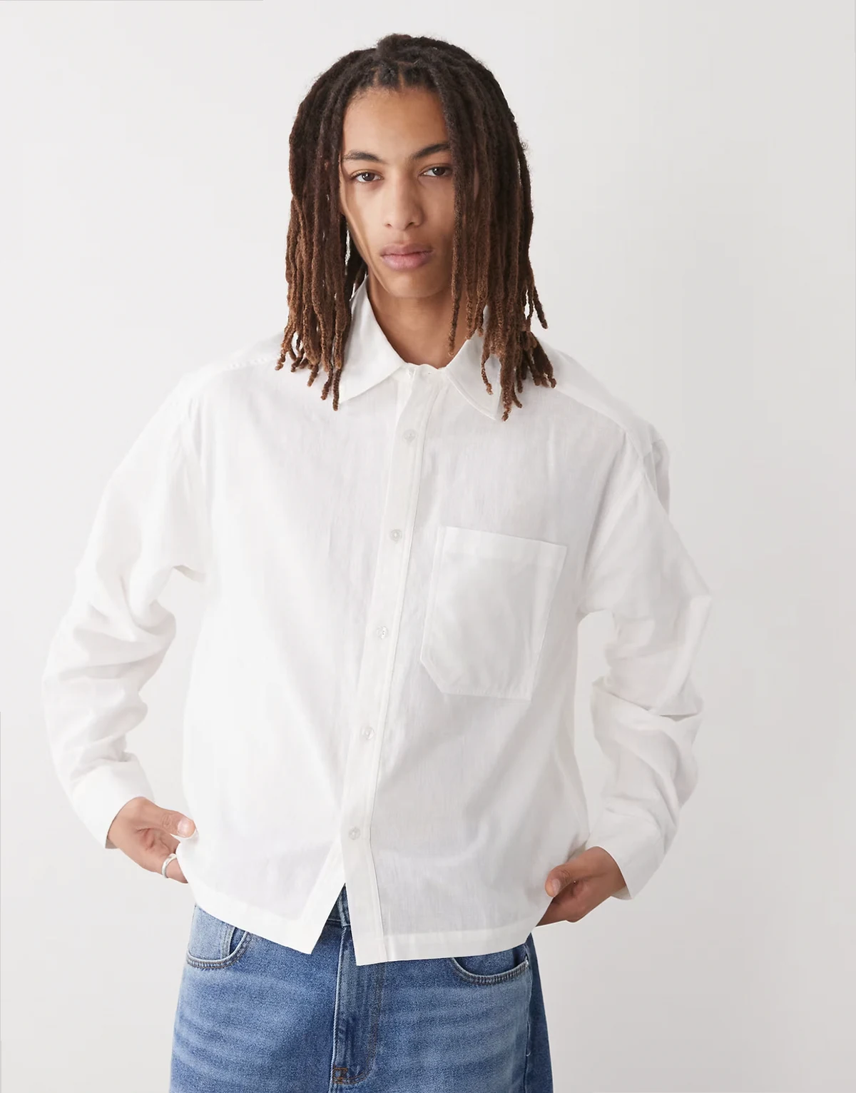 boxy linen look long sleeve shirt in white