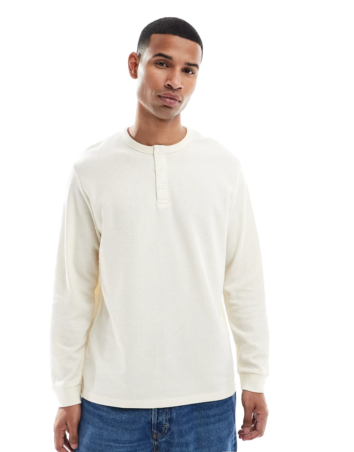 long sleeve textured henley in cream