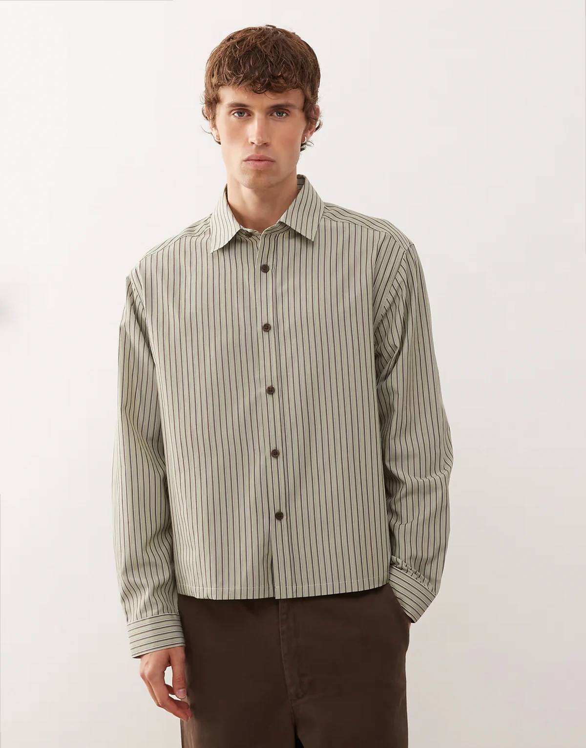 boxy long sleeve stripe shirt in khaki