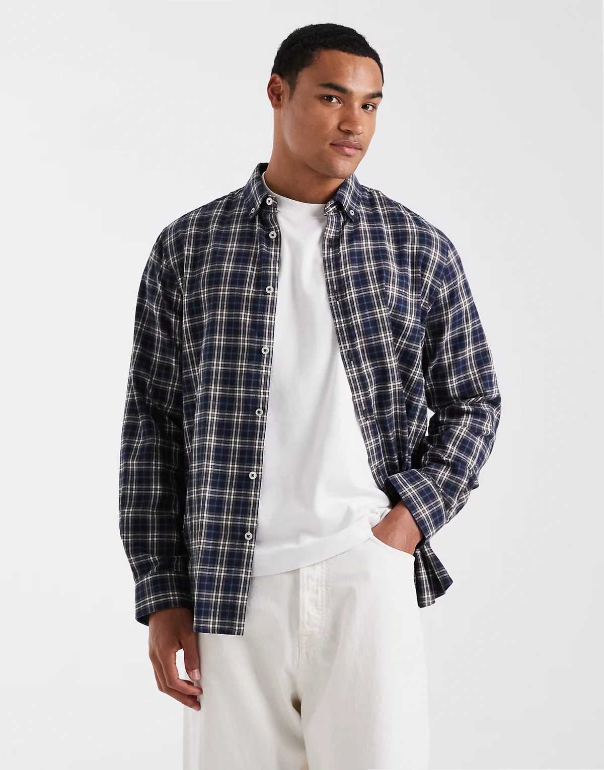 cotton flannel check shirt in navy