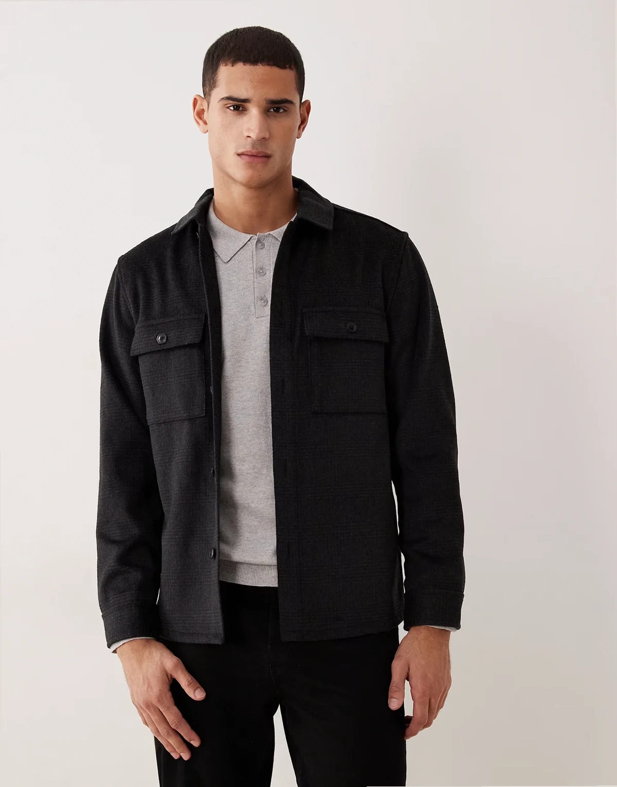 wool mix plaid overshirt in black