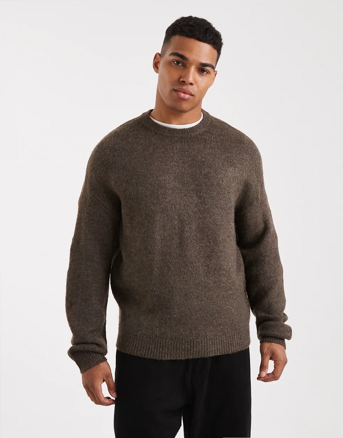 long sleeve soft crew neck knit sweater in dark brown