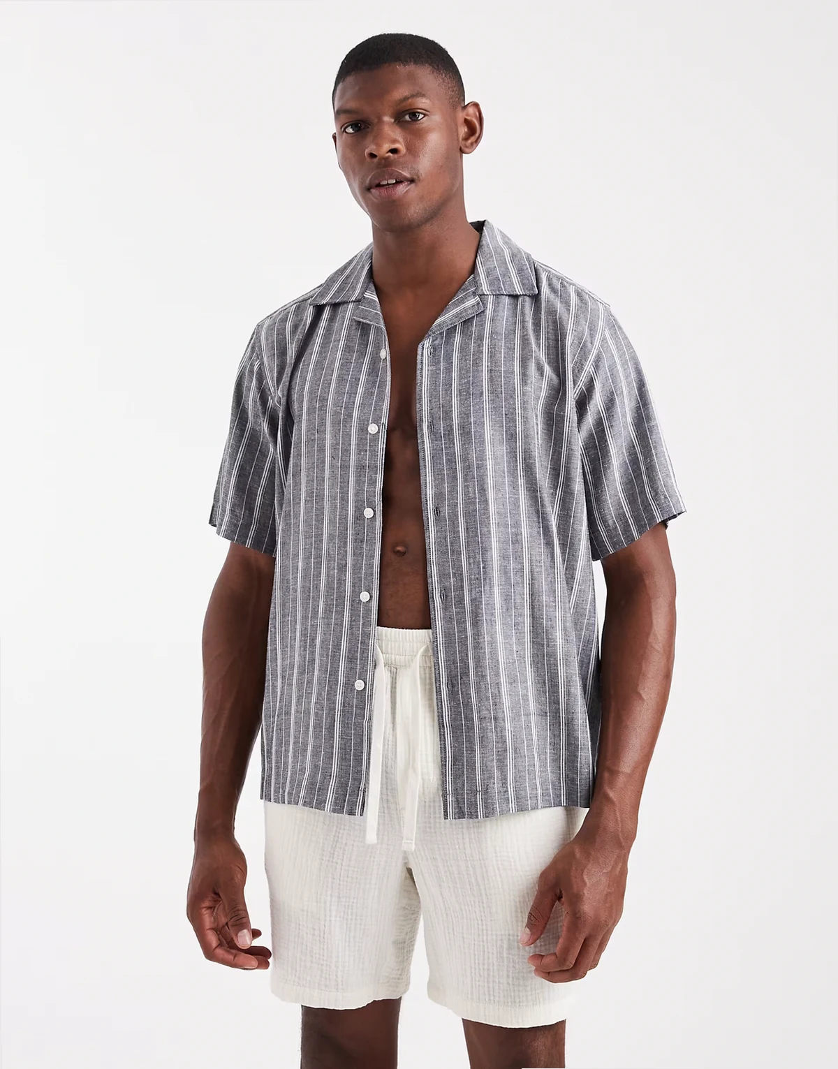 linen mix short sleeve shirt in navy stripe