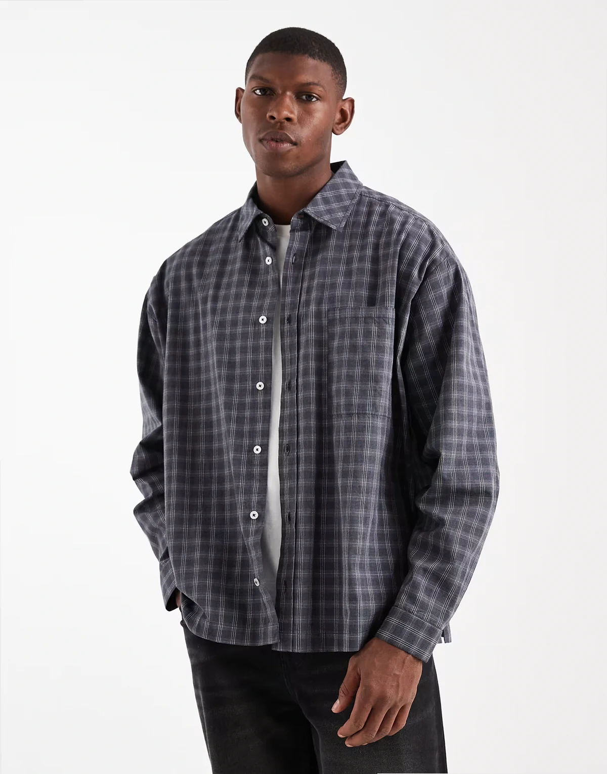 boxy oversized long sleeve shirt in gray plaid