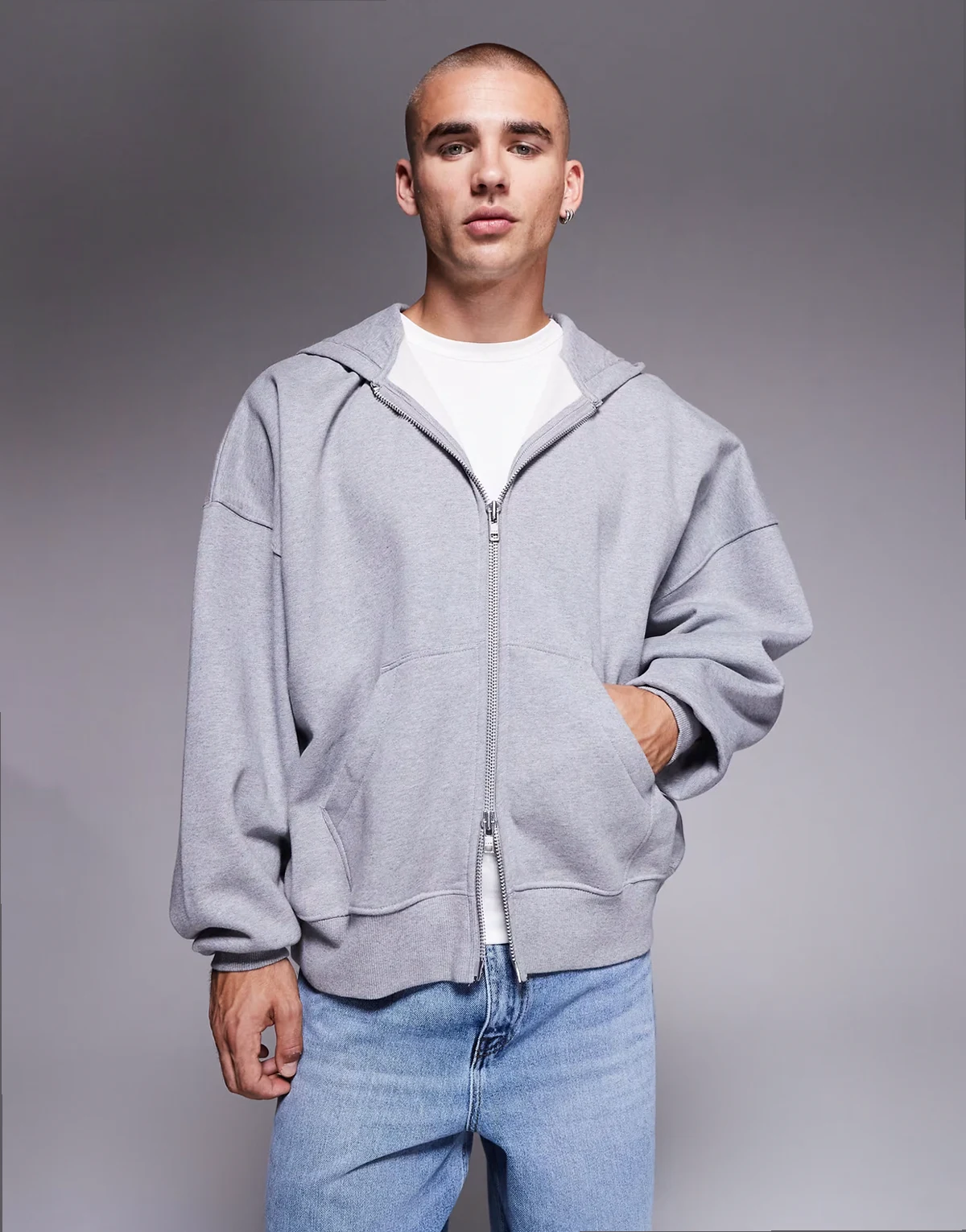 Premium – Szara melanżowa bluza extreme oversize z kapturem i zapięciem na zamek o gramaturze 400 g/m²