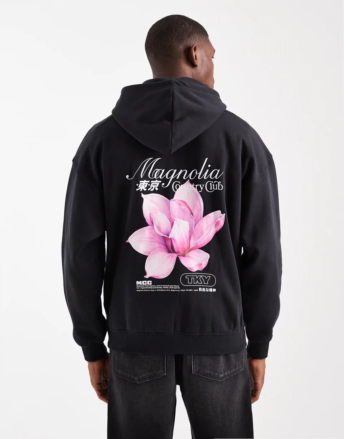 vintage fit hoodie with flower back print in black