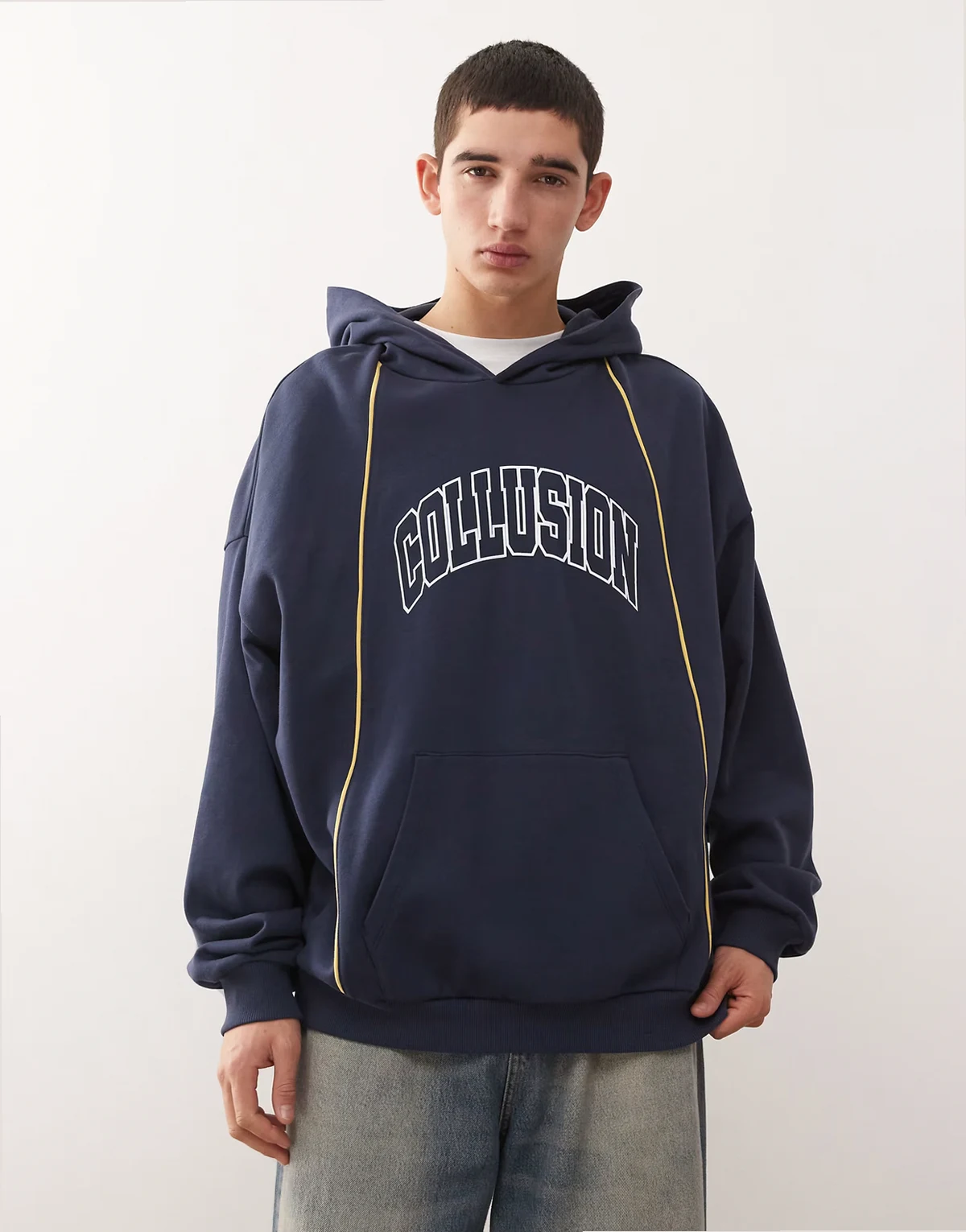 boxy oversized logo hoodie with piping in navy
