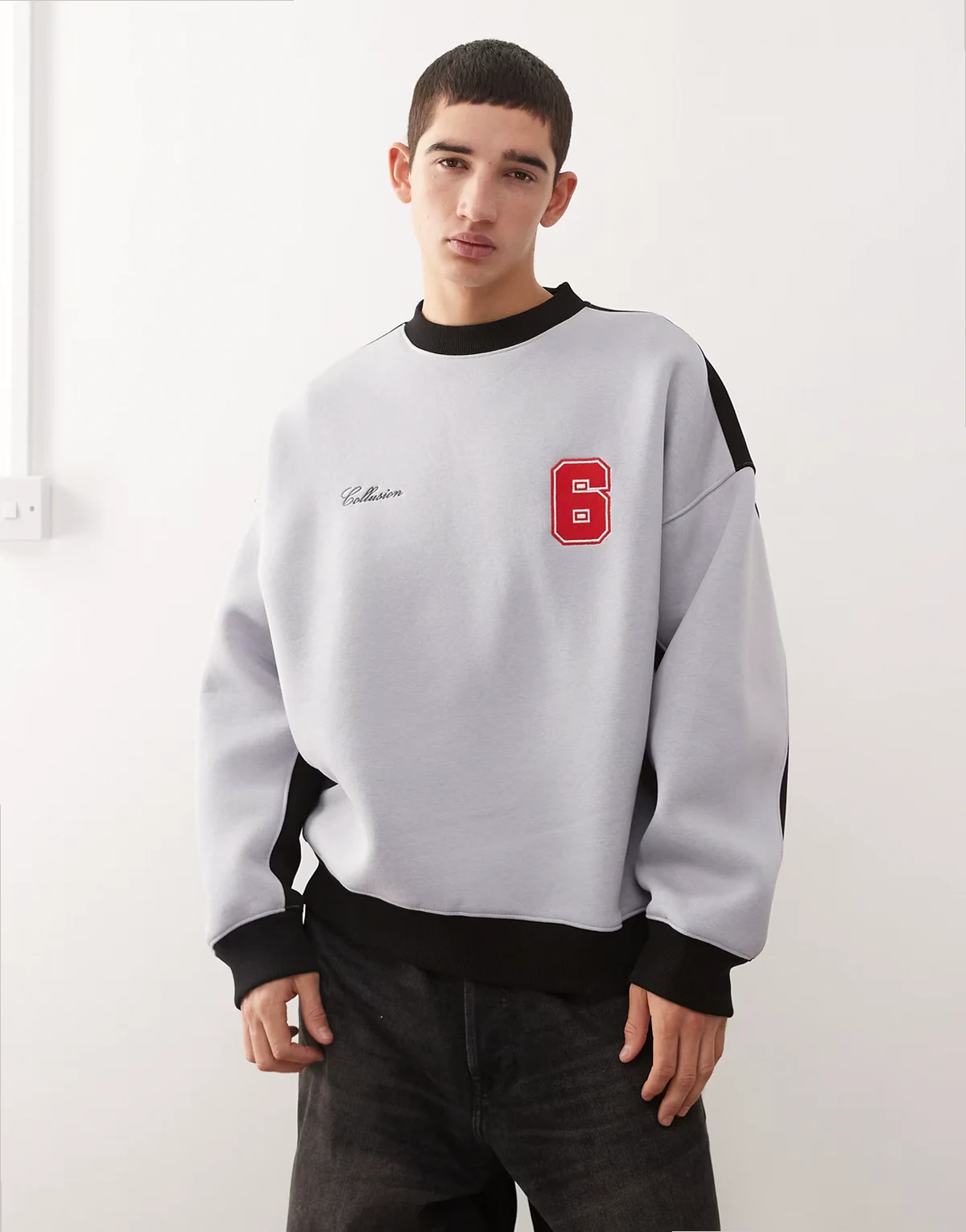 soccer oversized boxy sweatshirt in gray and black with embroidery