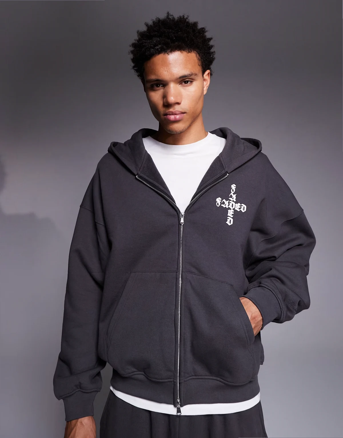 gothic logo back print double zip through hoodie in charcoal - part of a set