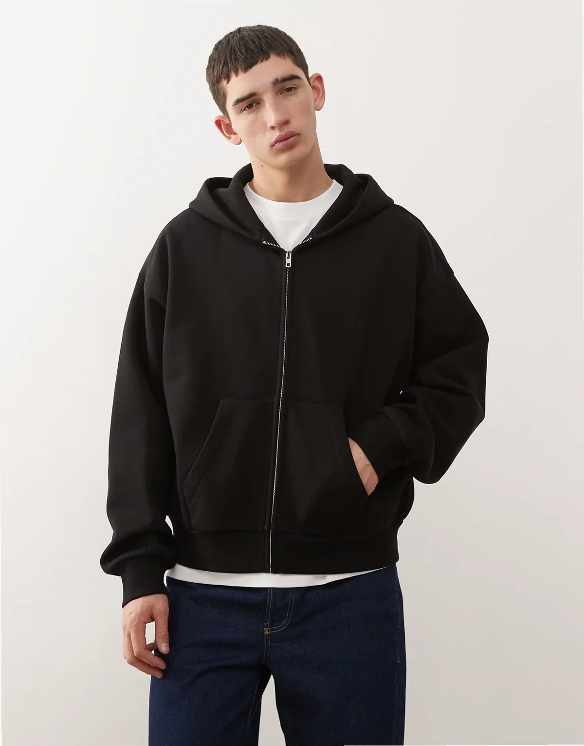 – Fleece-Kapuzenpullover in Schwarz mit Oversize-Schnitt und durchgehendem Reißverschluss