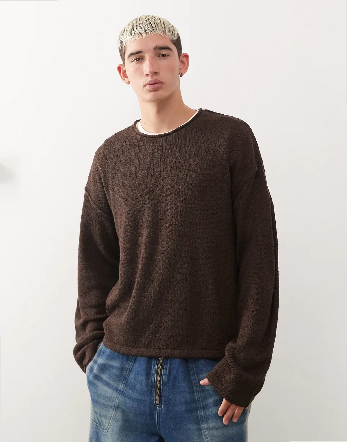 slouchy oversized fine knit sweater in brown