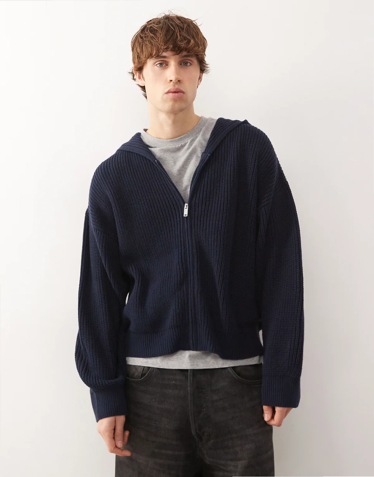 knit boxy hoodie in blue