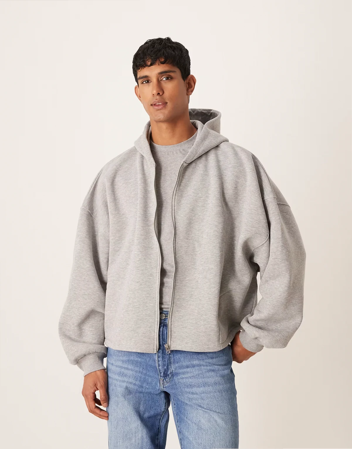 – Szara melanżowa bluza extreme oversize z kapturem i zapięciem na zamek