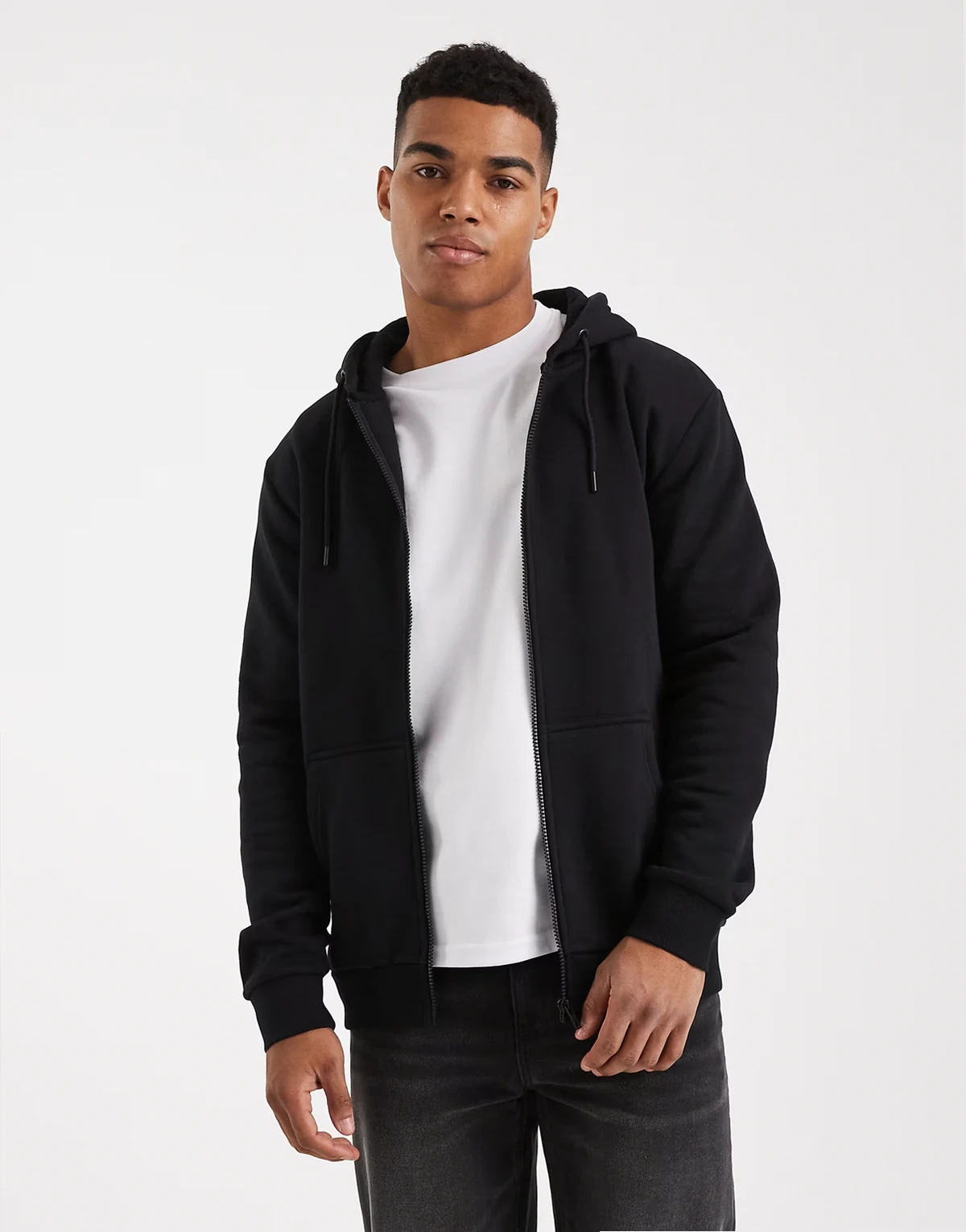 zip through hoodie in black