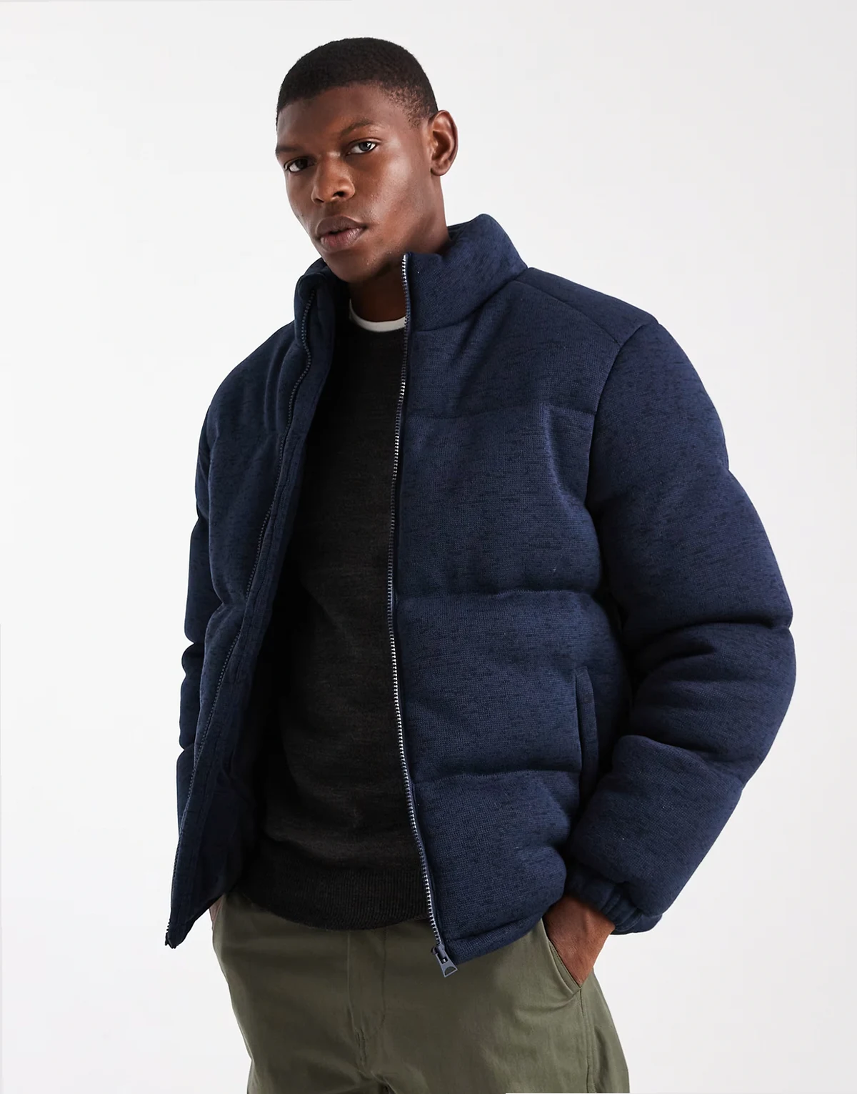 soft touch funnel neck zip up puffer in navy