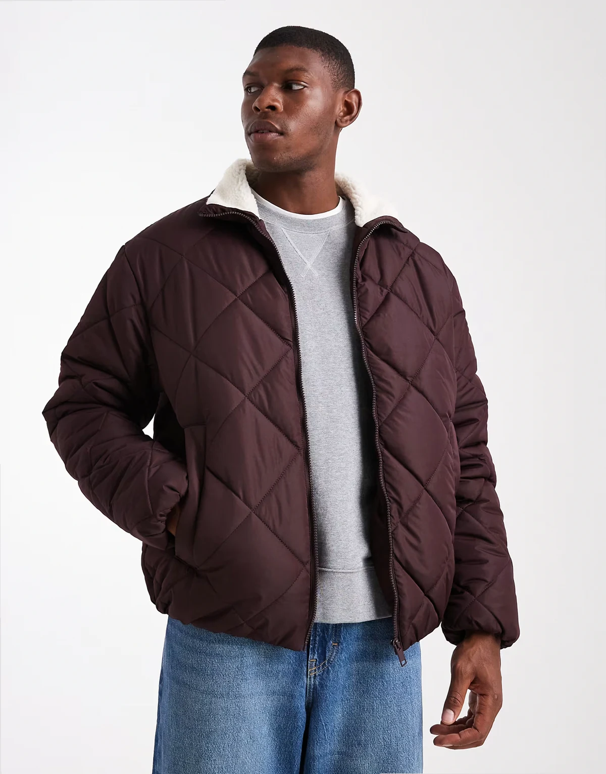 padded short jacket with borg collar in burgundy