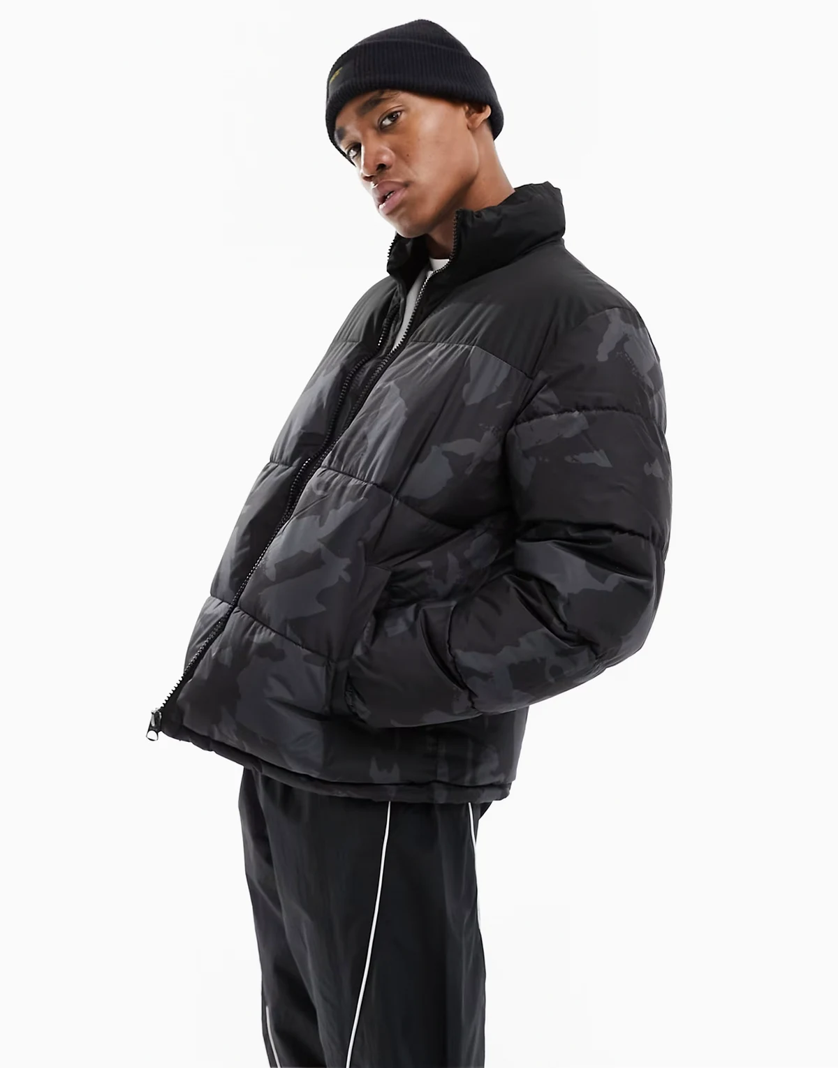 boxy oversized puffer in black print