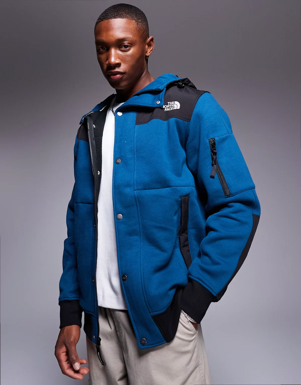 Highrail fleece insulated hooded jacket in petrol blue and black