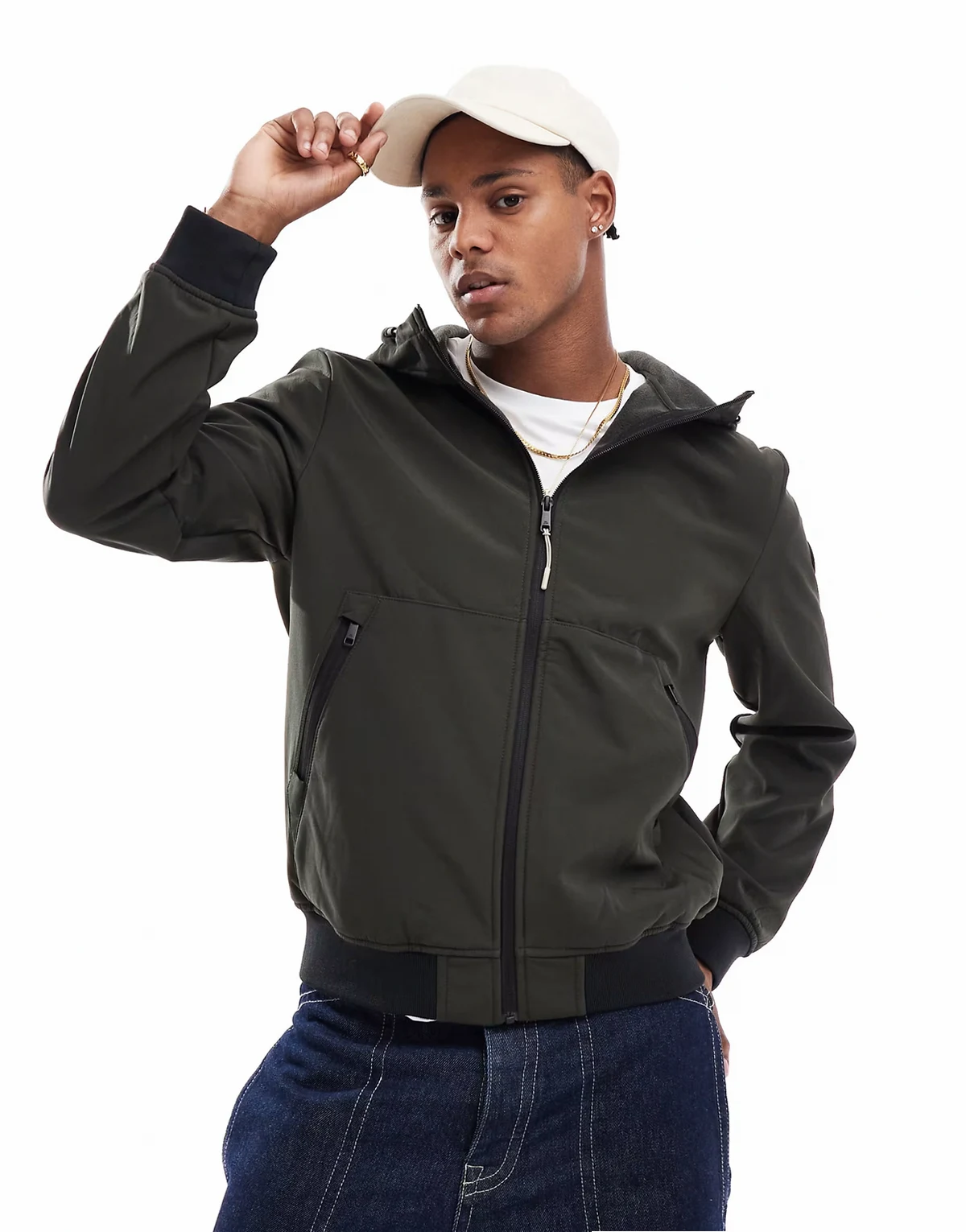 zip up soft shell hooded bomber jacket in dark green
