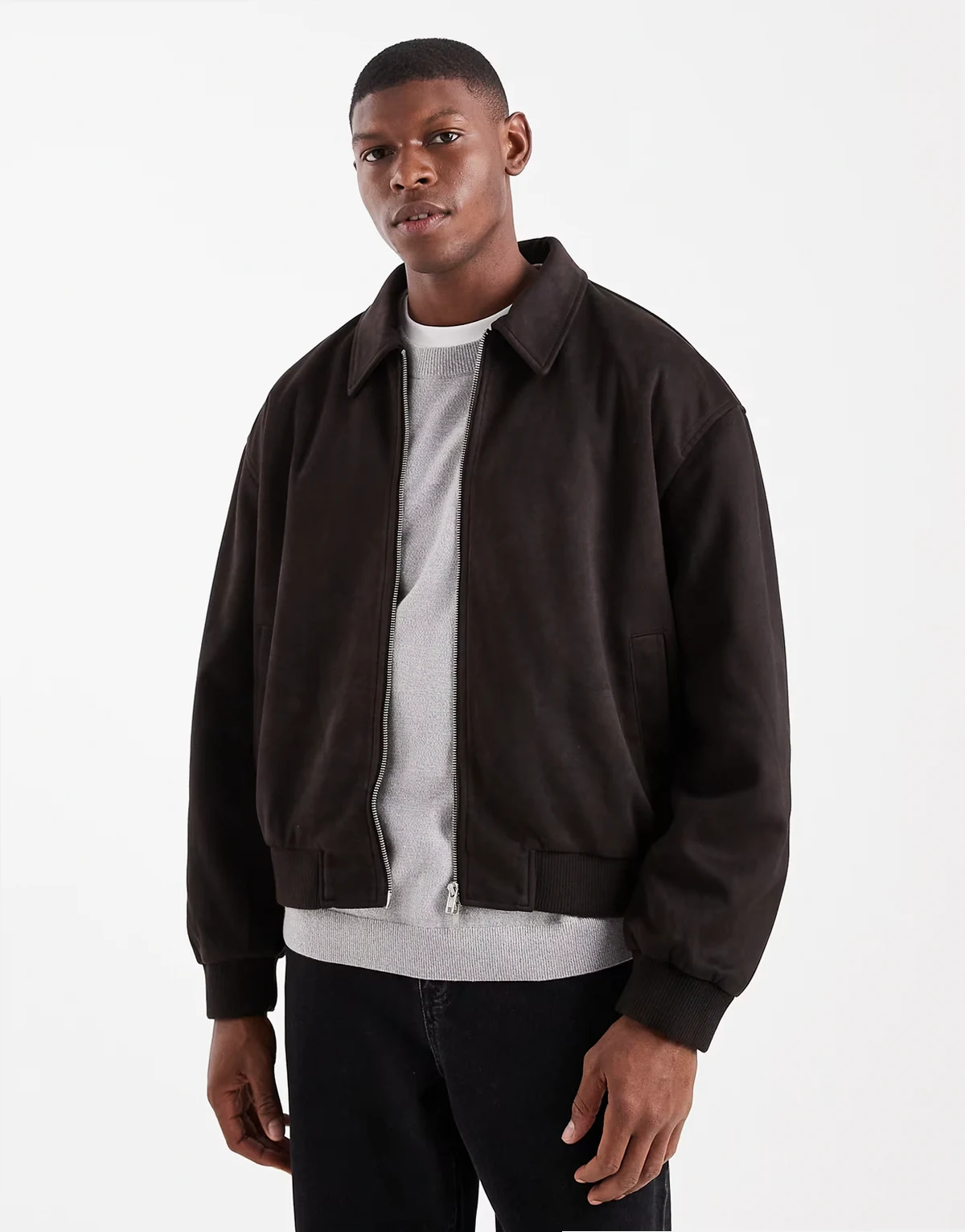 – Kastige Harrington-Jacke in Braun aus Wildlederimitat