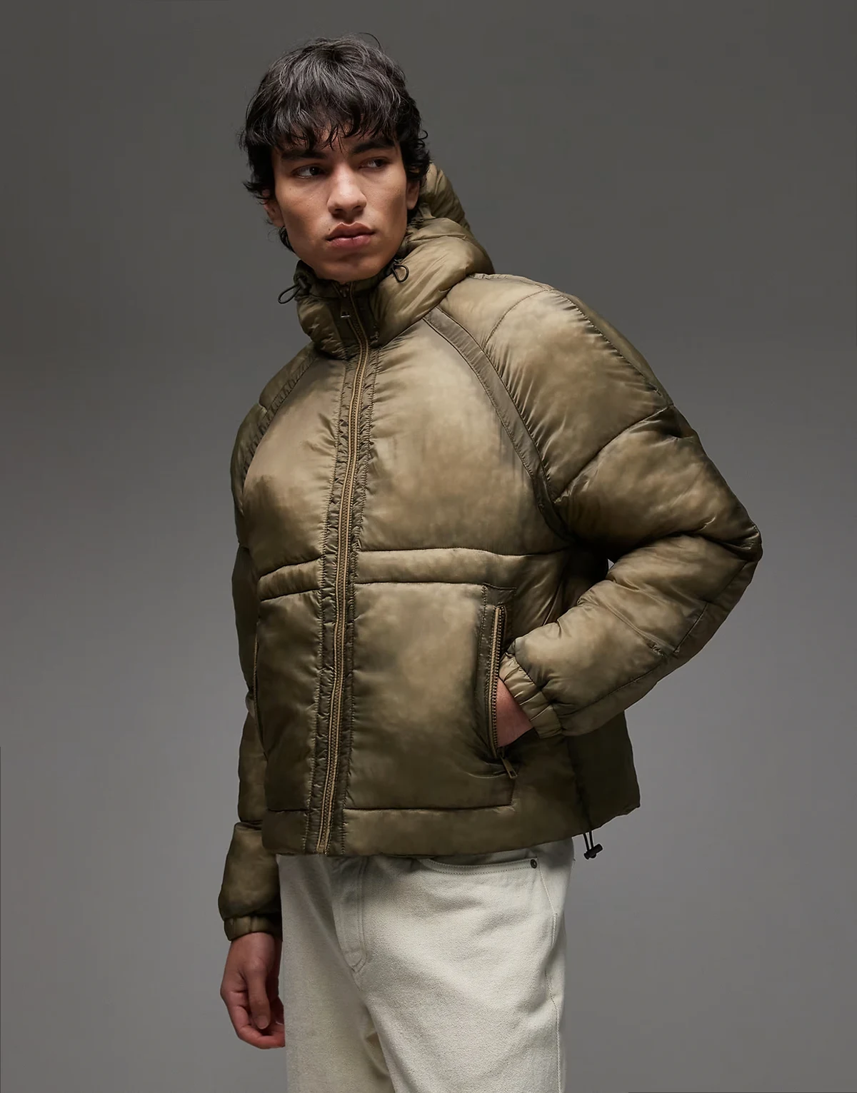 washed puffer with hood in khaki