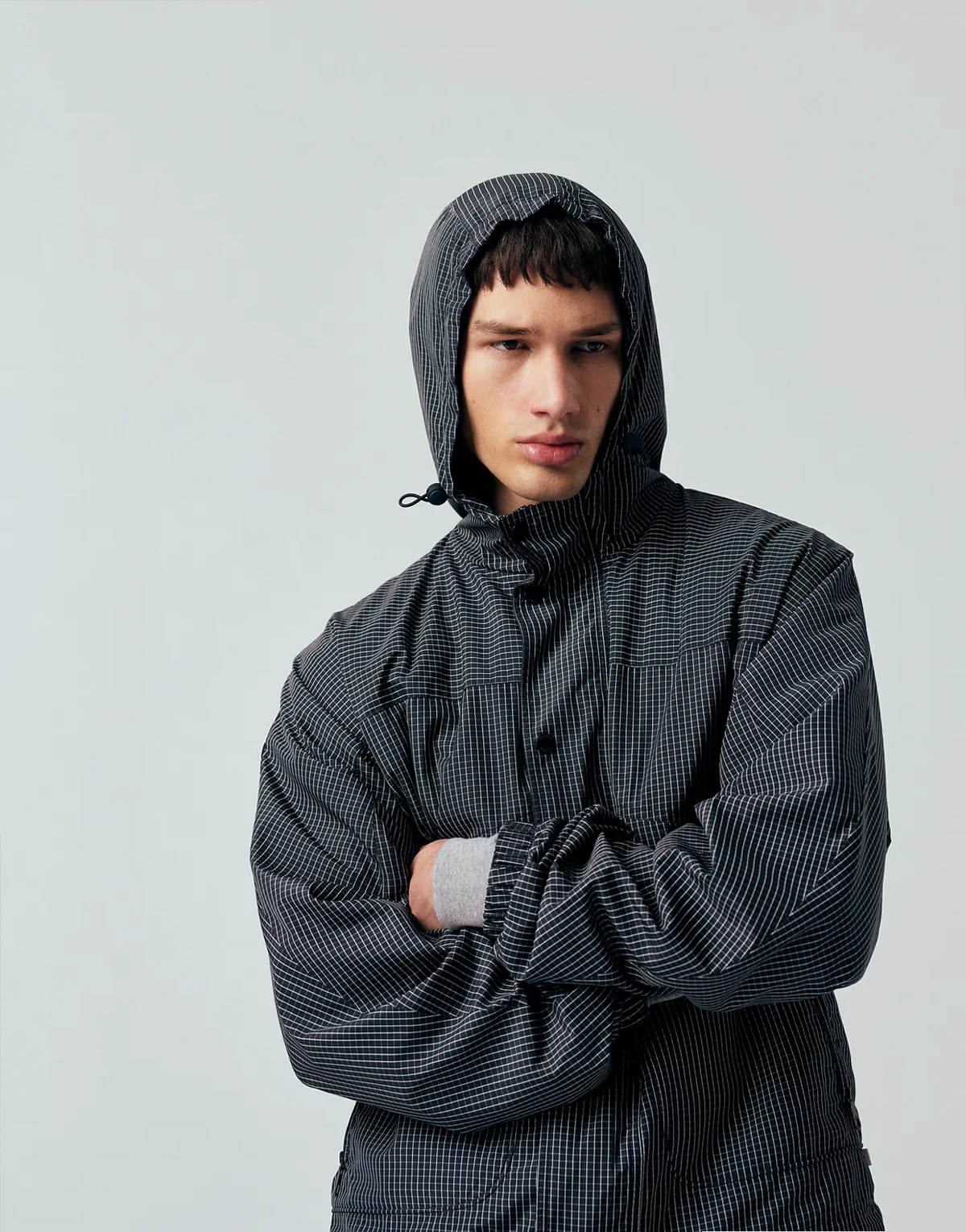 Shenley grid print hooded bomber jacket in navy