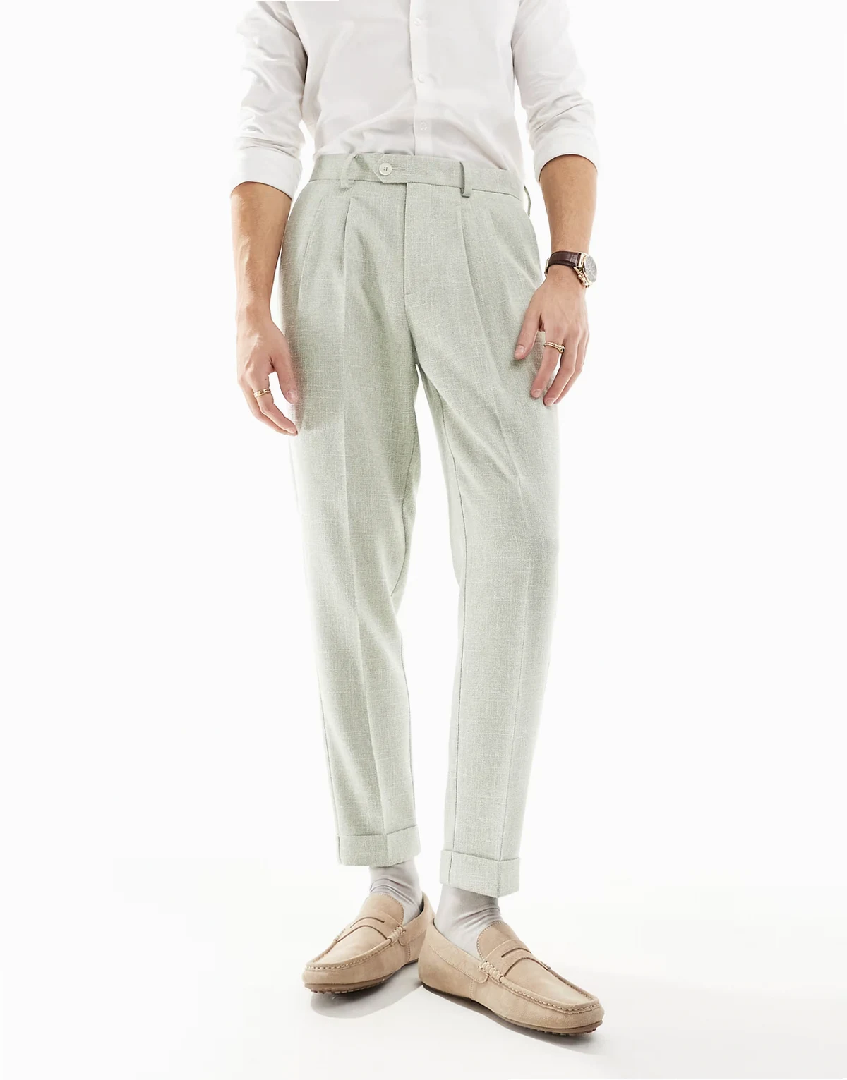 smart tapered fit chino pants in dusty green textured fabric
