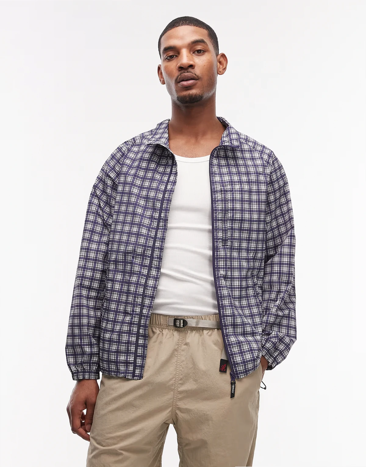 shell zip up jacket in navy plaid