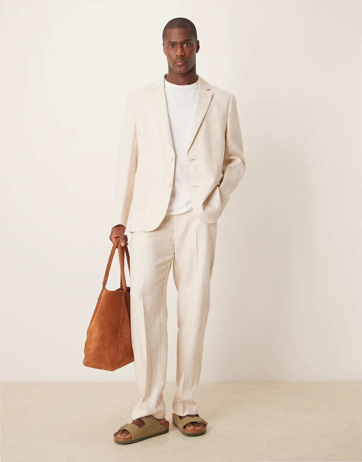 linen cotton blend straight leg suit pants in stone twill