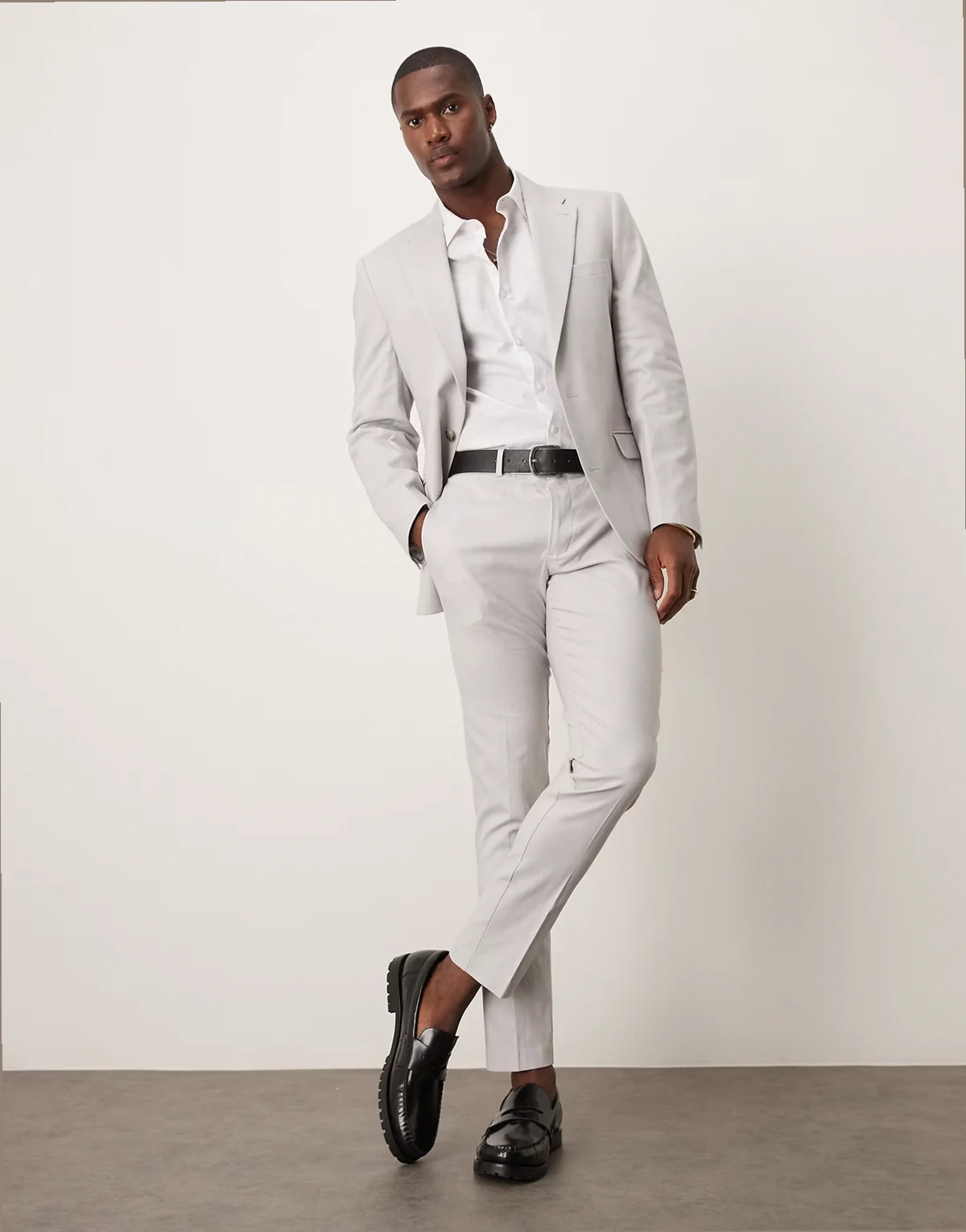 linen blend skinny suit pants in gray