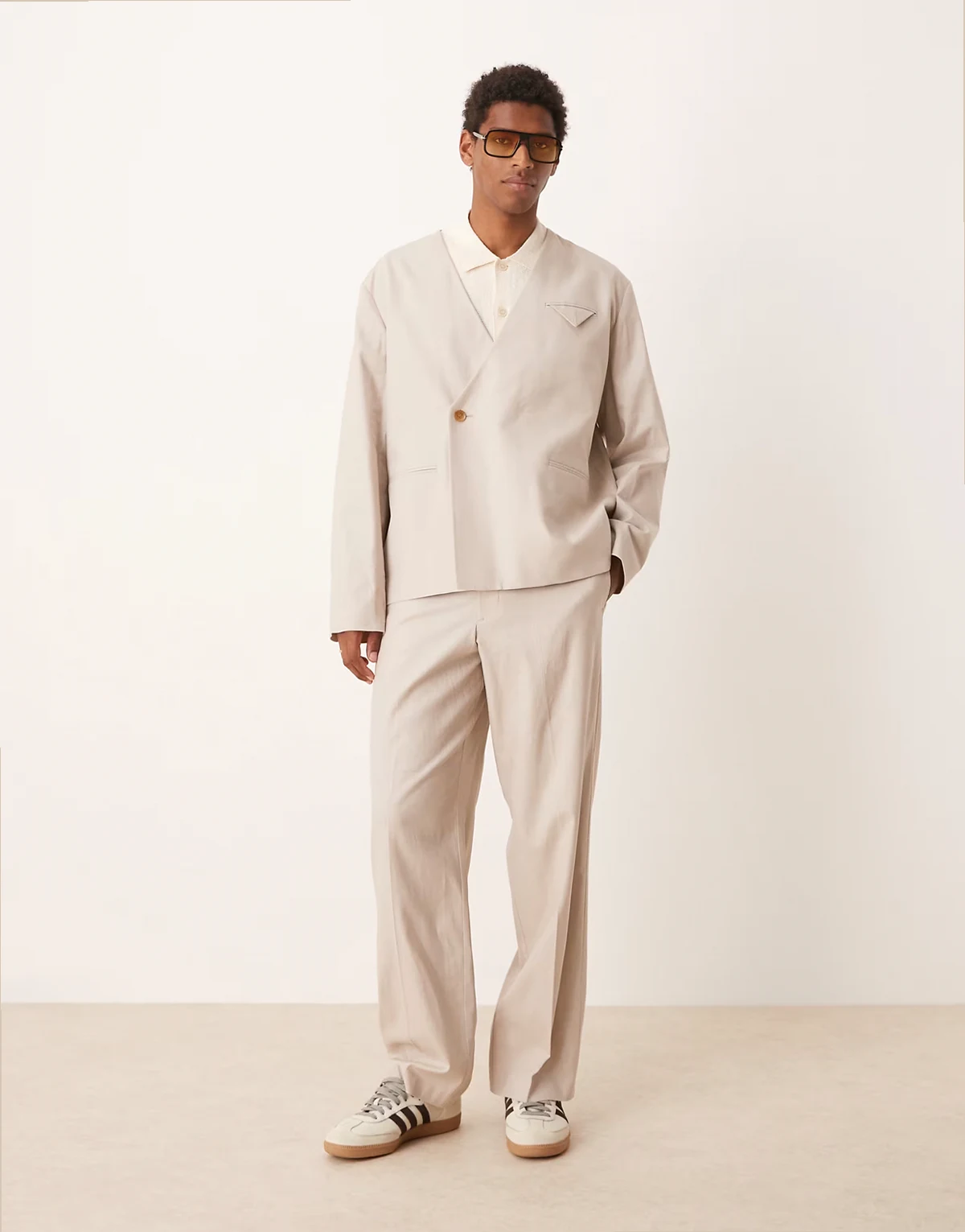 wide leg linen blend suit pants in stone