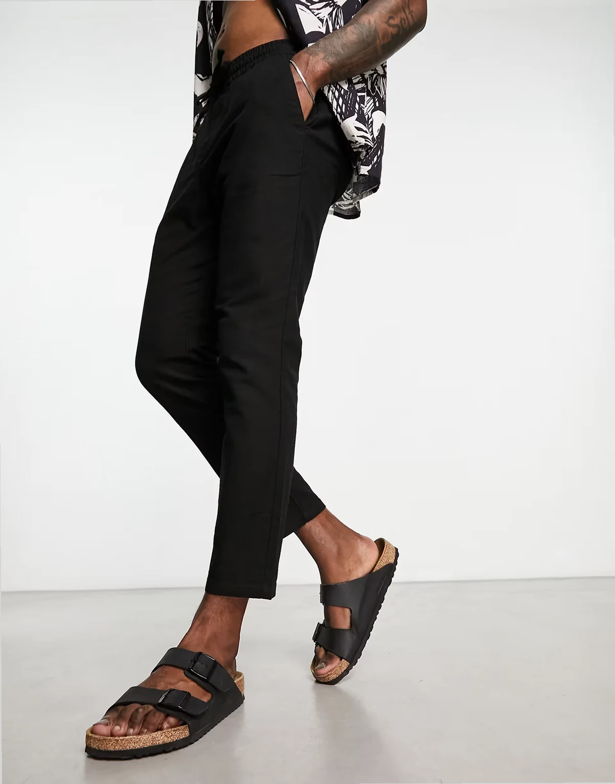 linen mix cropped pants in black