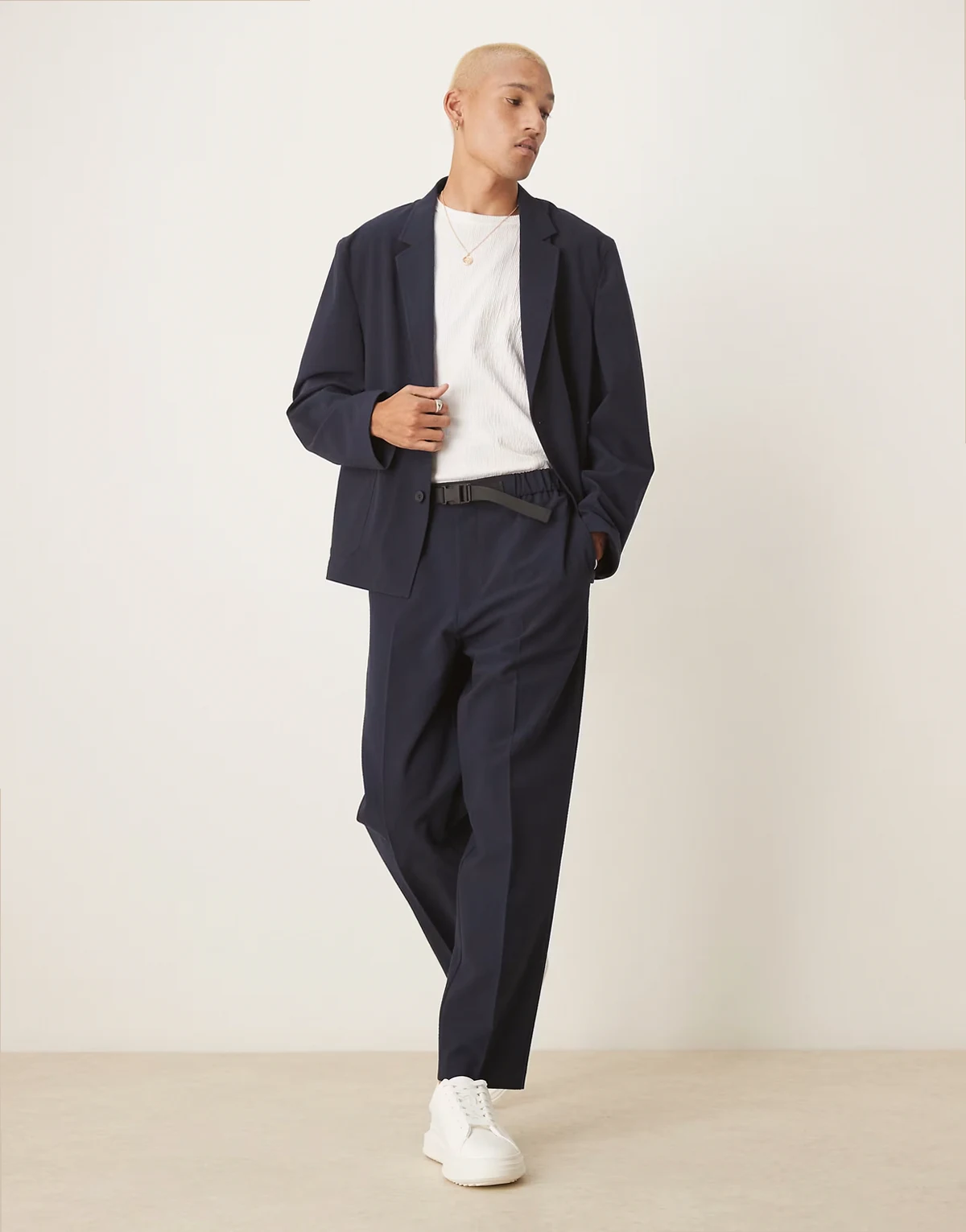 ASOS DEISGN oversized tapered suit pants in navy seersucker