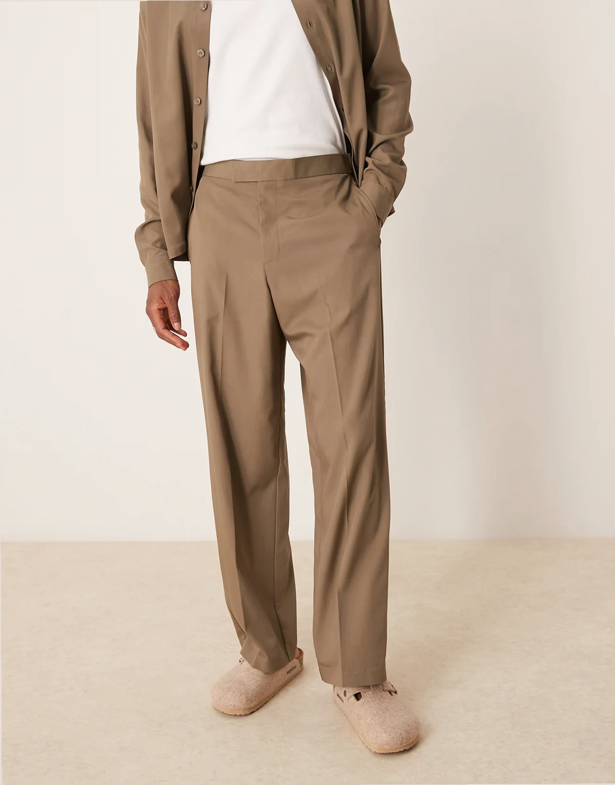 smart wide leg pants in khaki peach-feel texture with elastic waist - part of a set