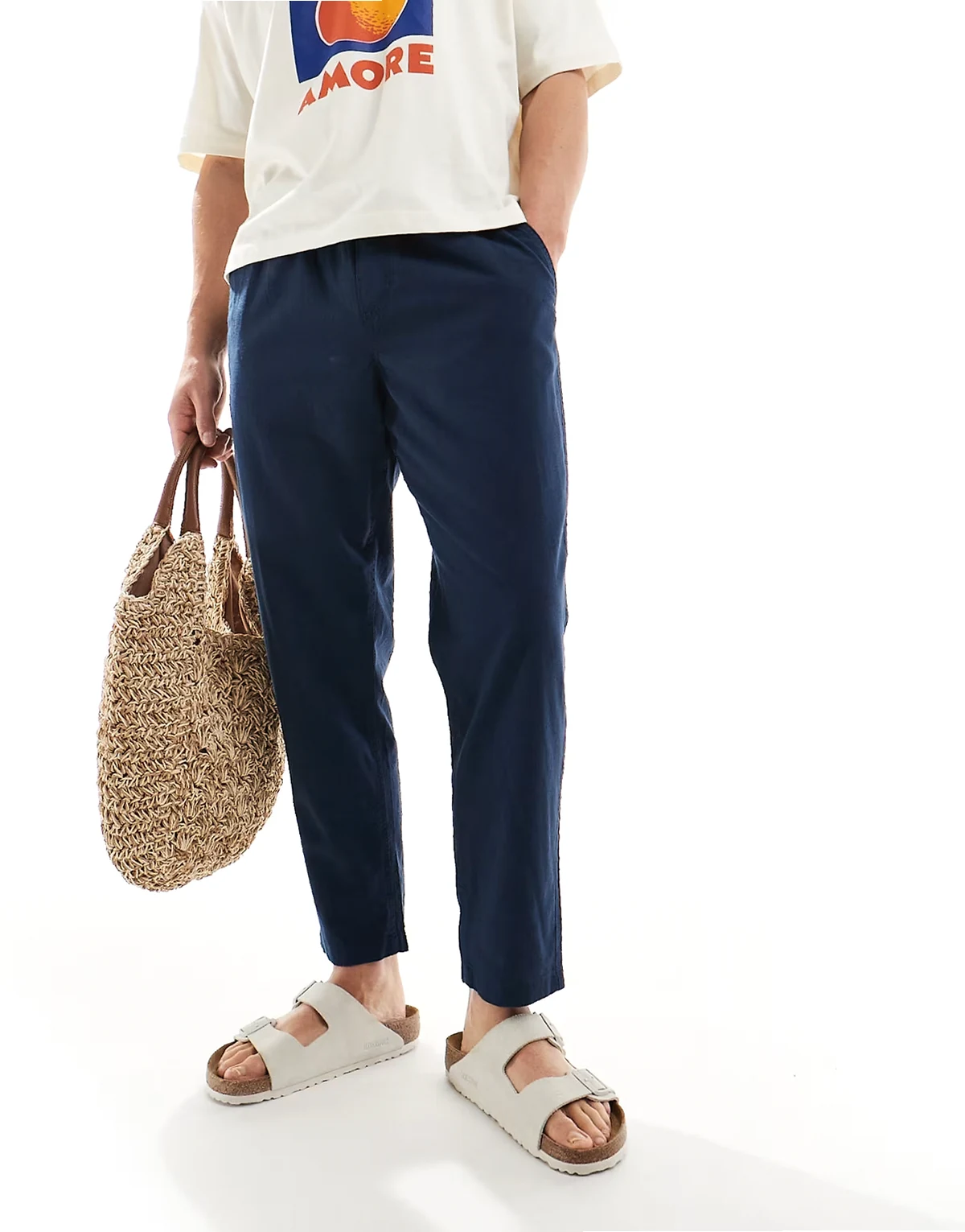 – Schmal zulaufende Hose aus Leinen in Marineblau mit Tunnelzug