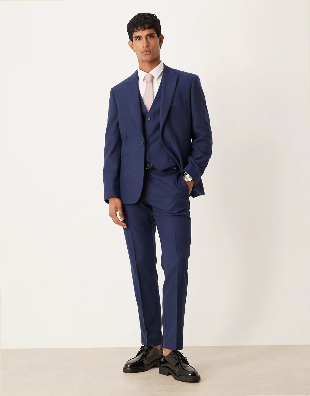 slim herringbone suit pants with wool in navy