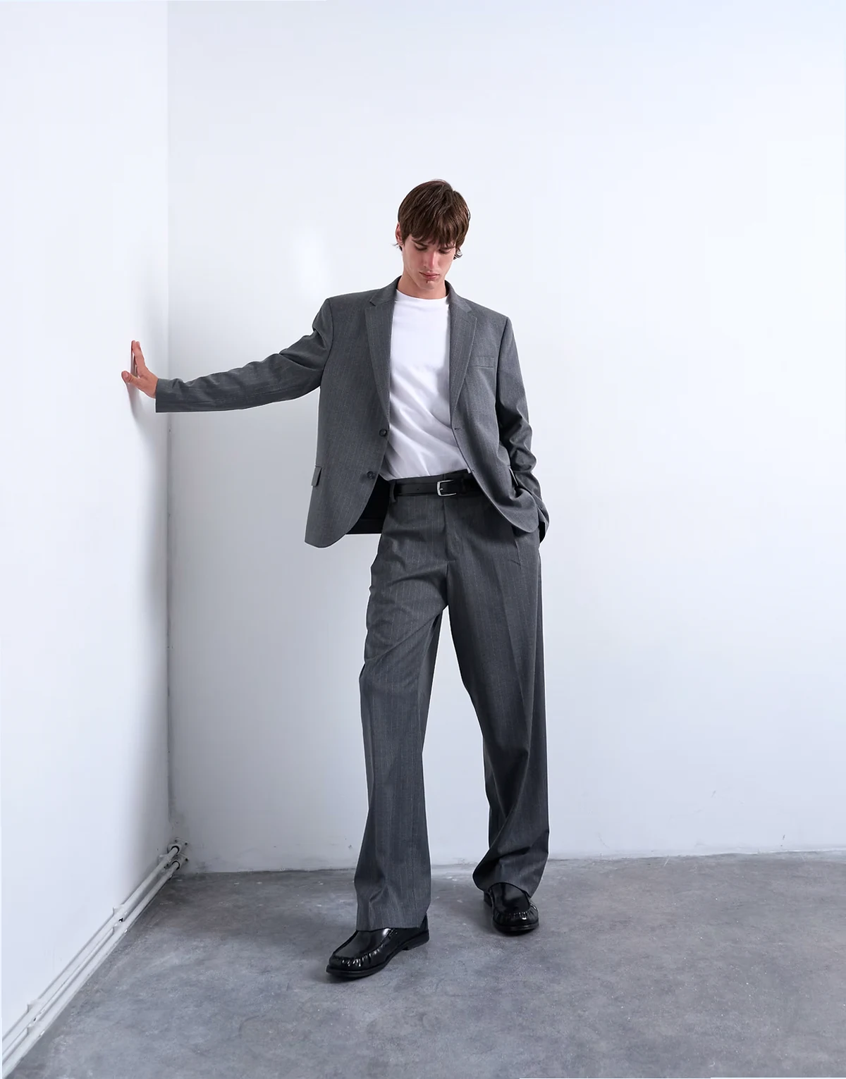 straight leg suit pants in charcoal pinstripes