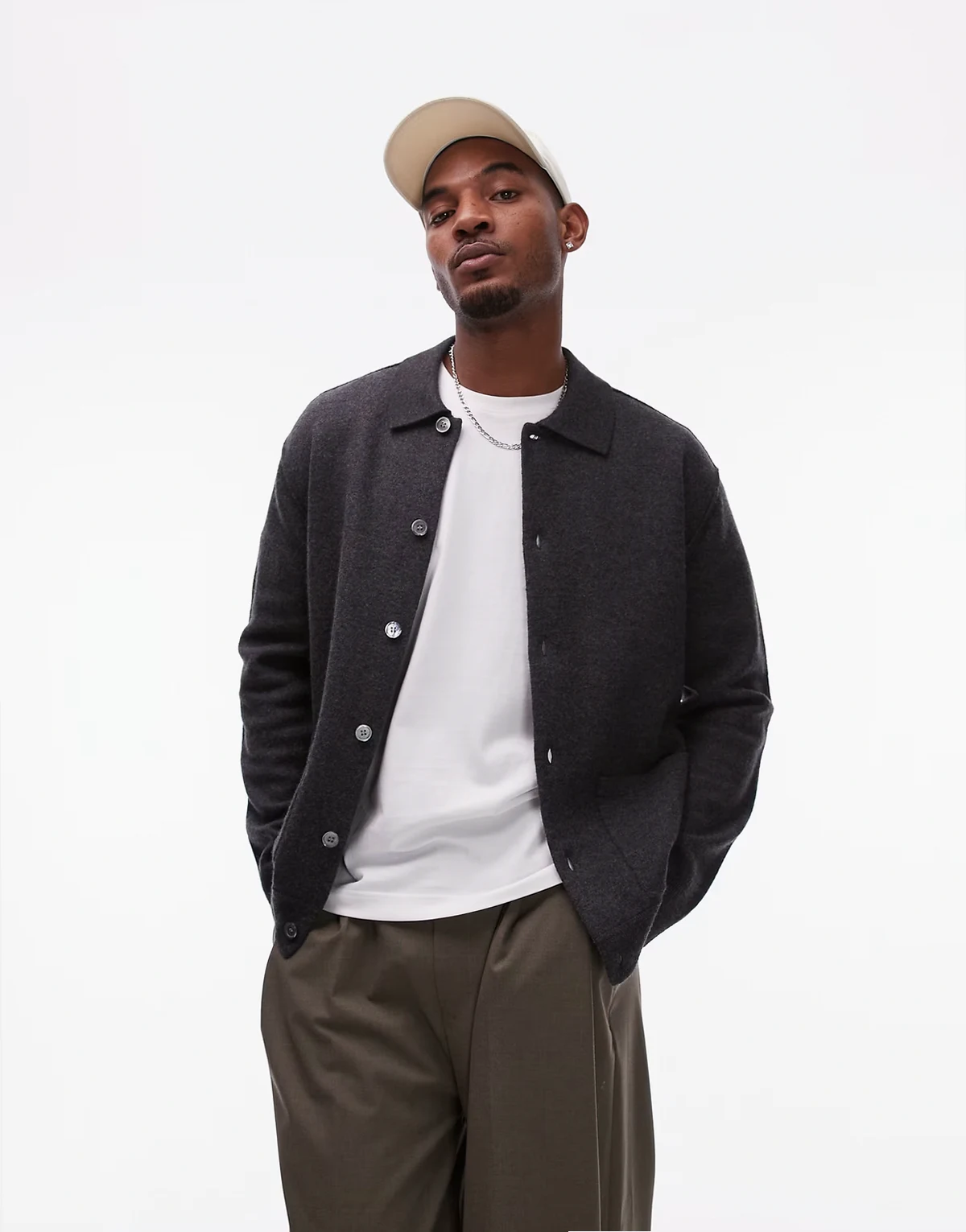 boiled wool oversized cardigan with button front and polo collar in dark gray