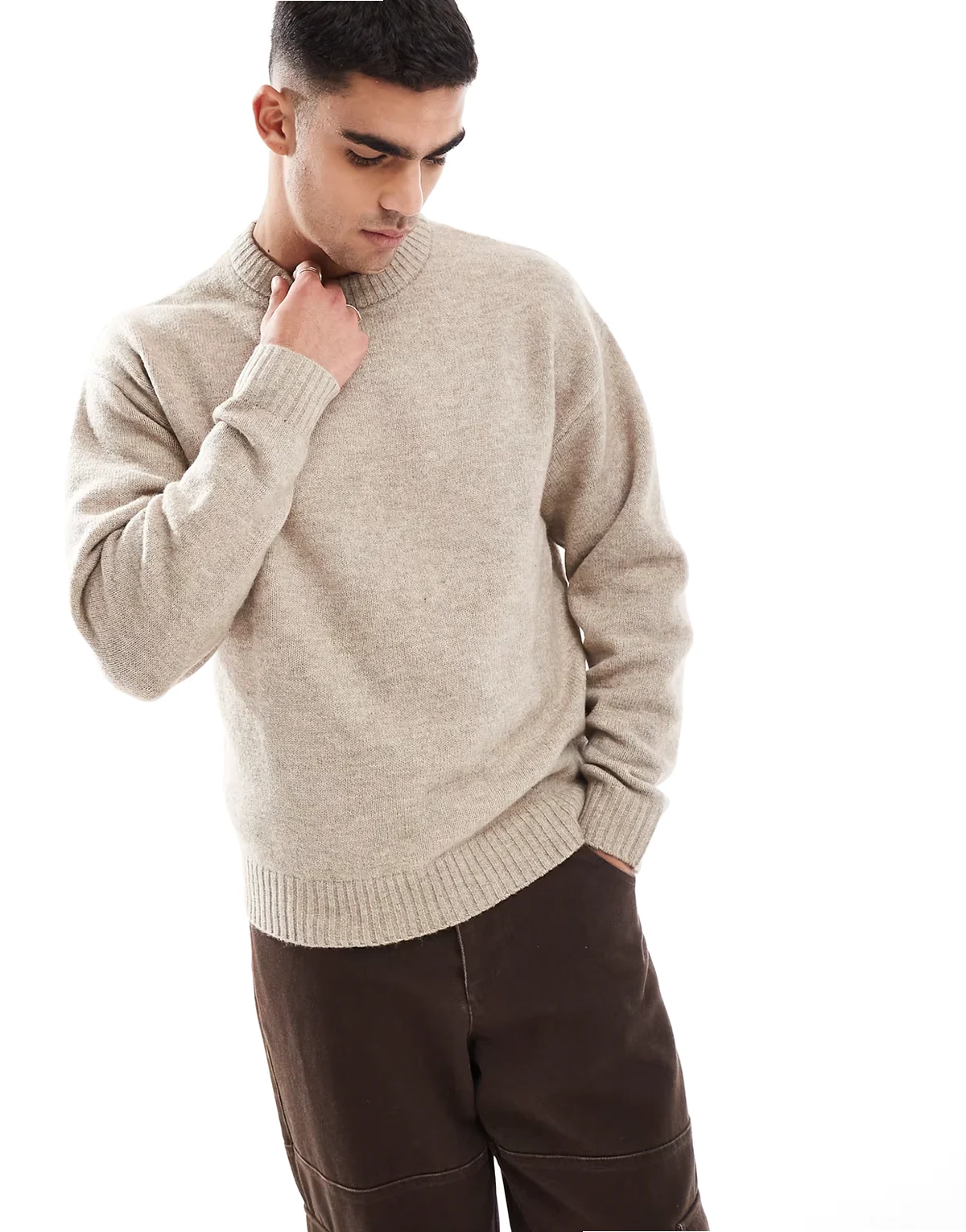oversized fluffy crew neck sweater in beige
