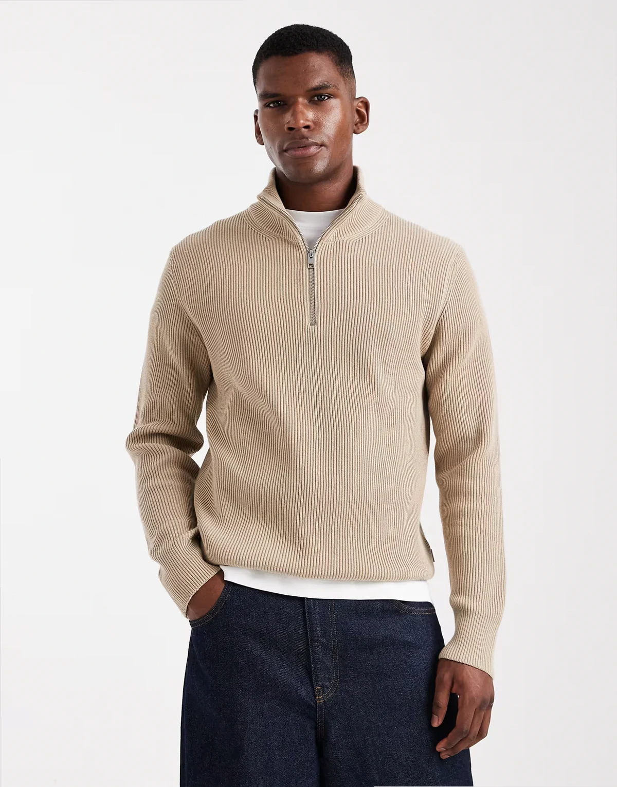 knit quarter zip sweater in beige