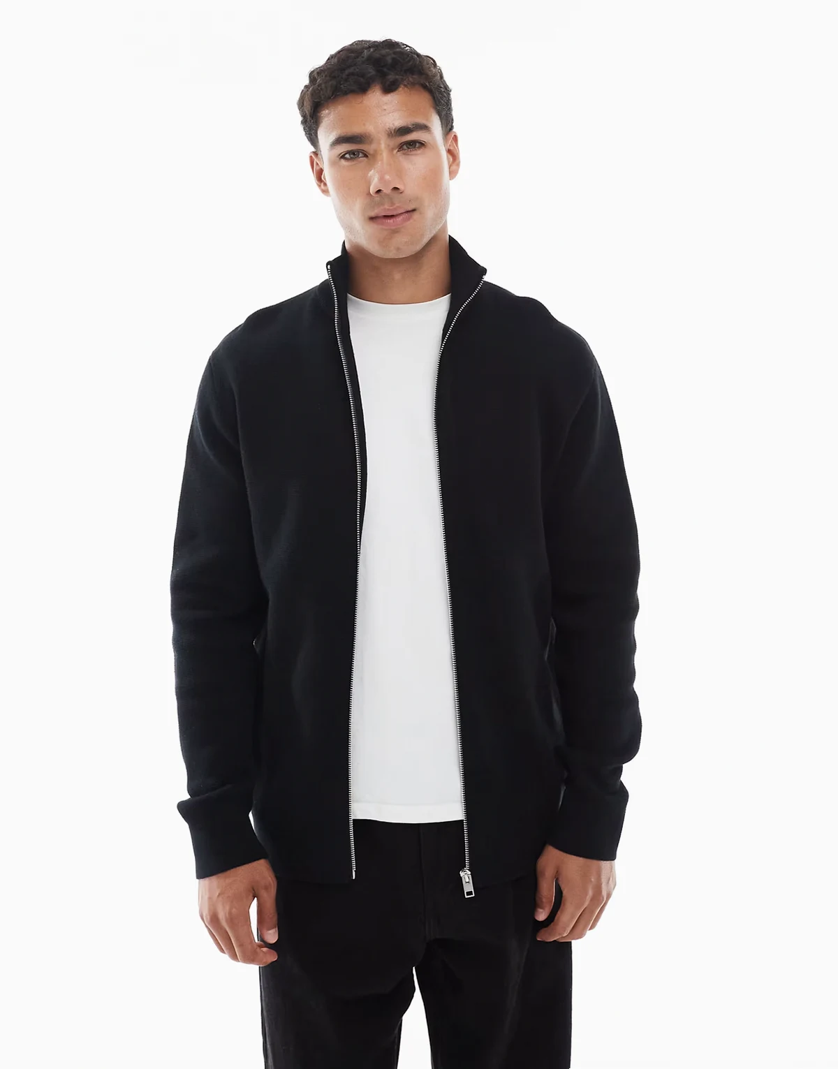 premium knit zip up sweater in black