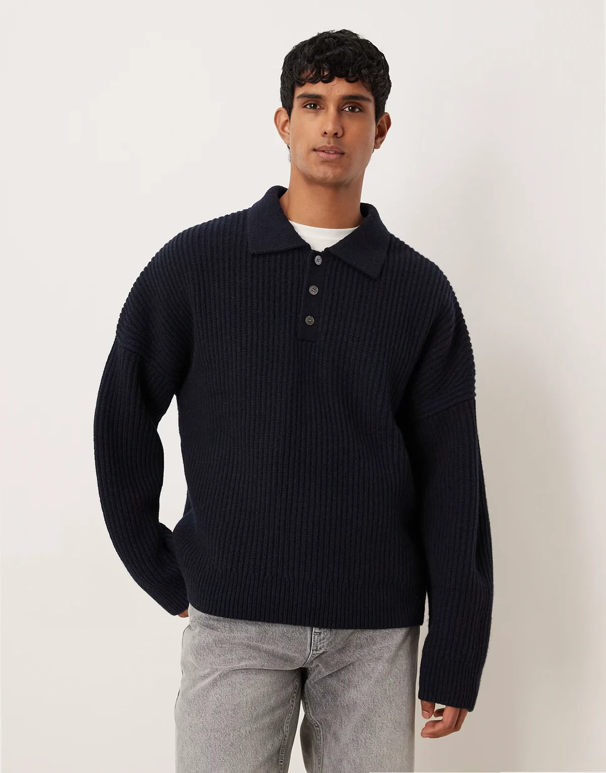 pure wool half cardigan polo shirt in navy