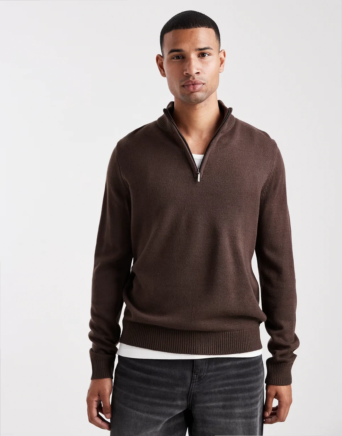 knit quarter zip sweater in chocolate brown