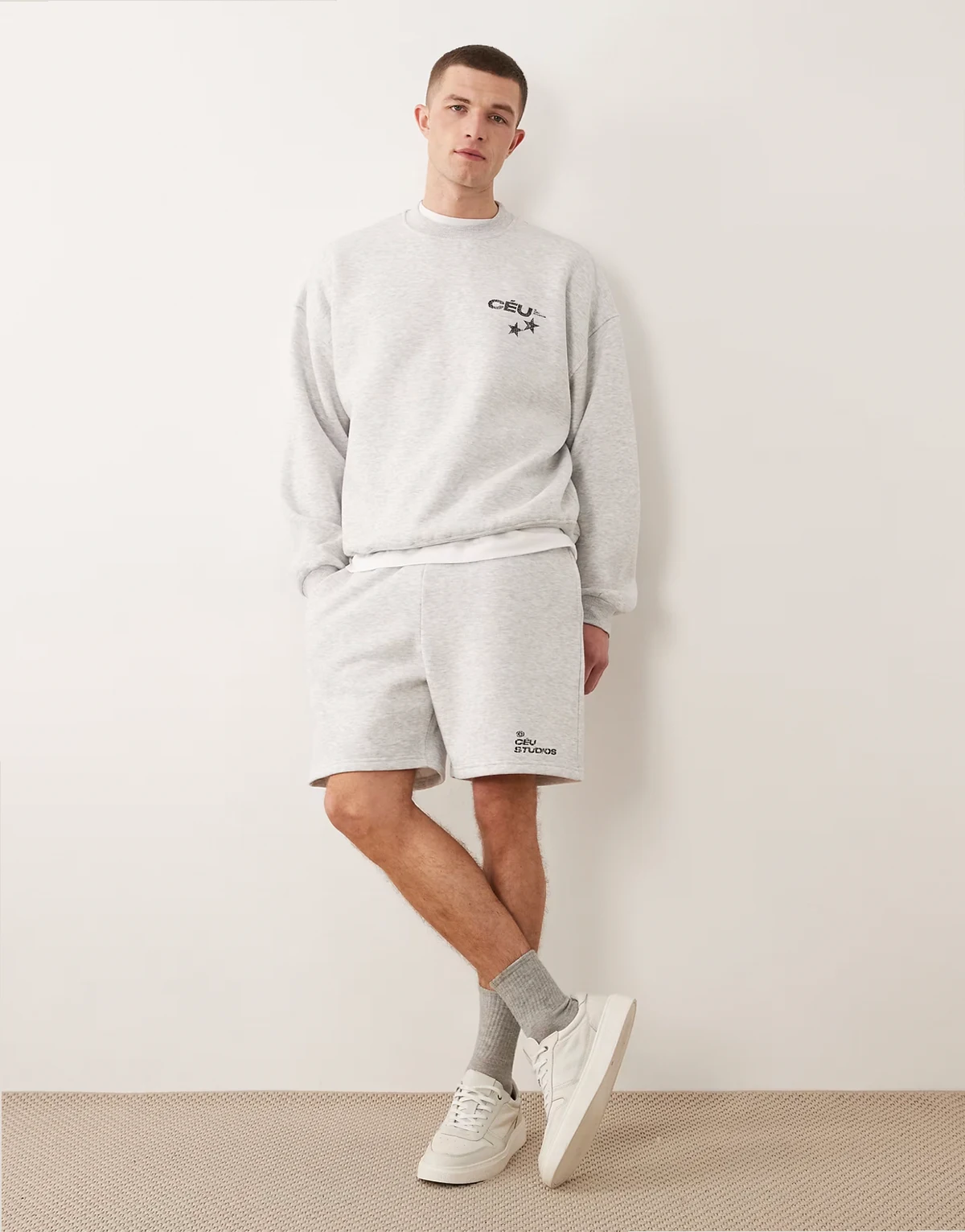oversized shorts with print in heathered ice gray - part of a set