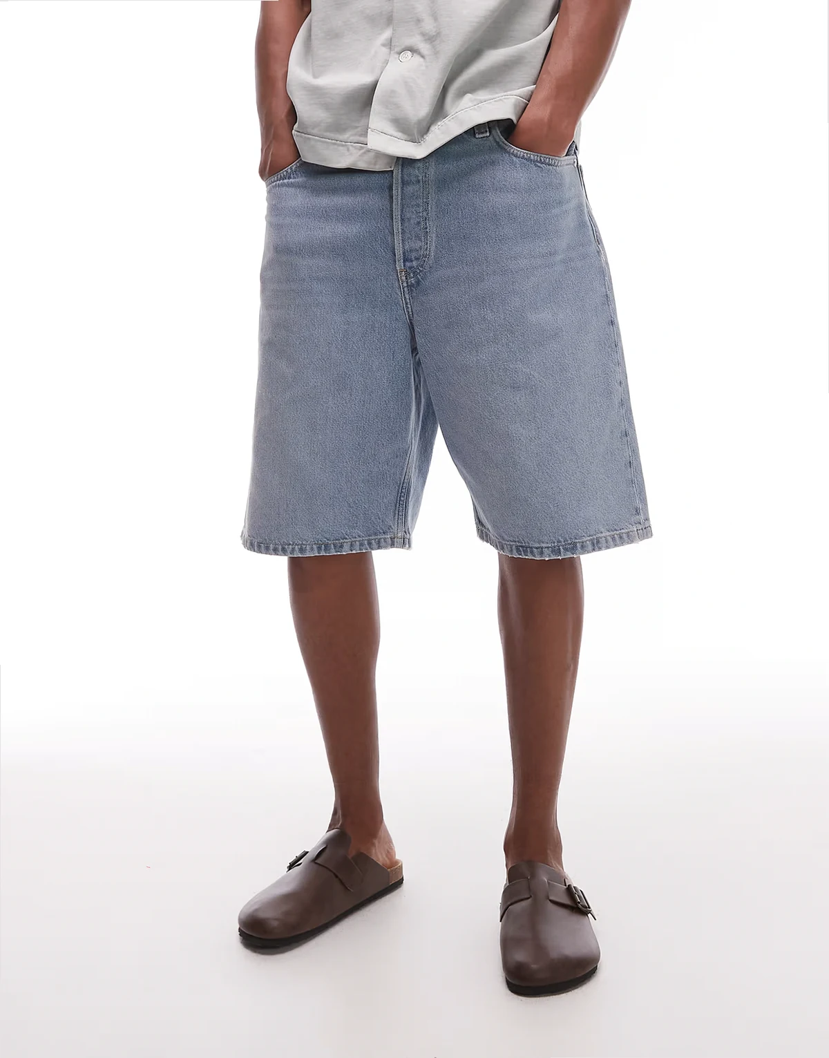 mid waist regular fit denim shorts in mid blue wash