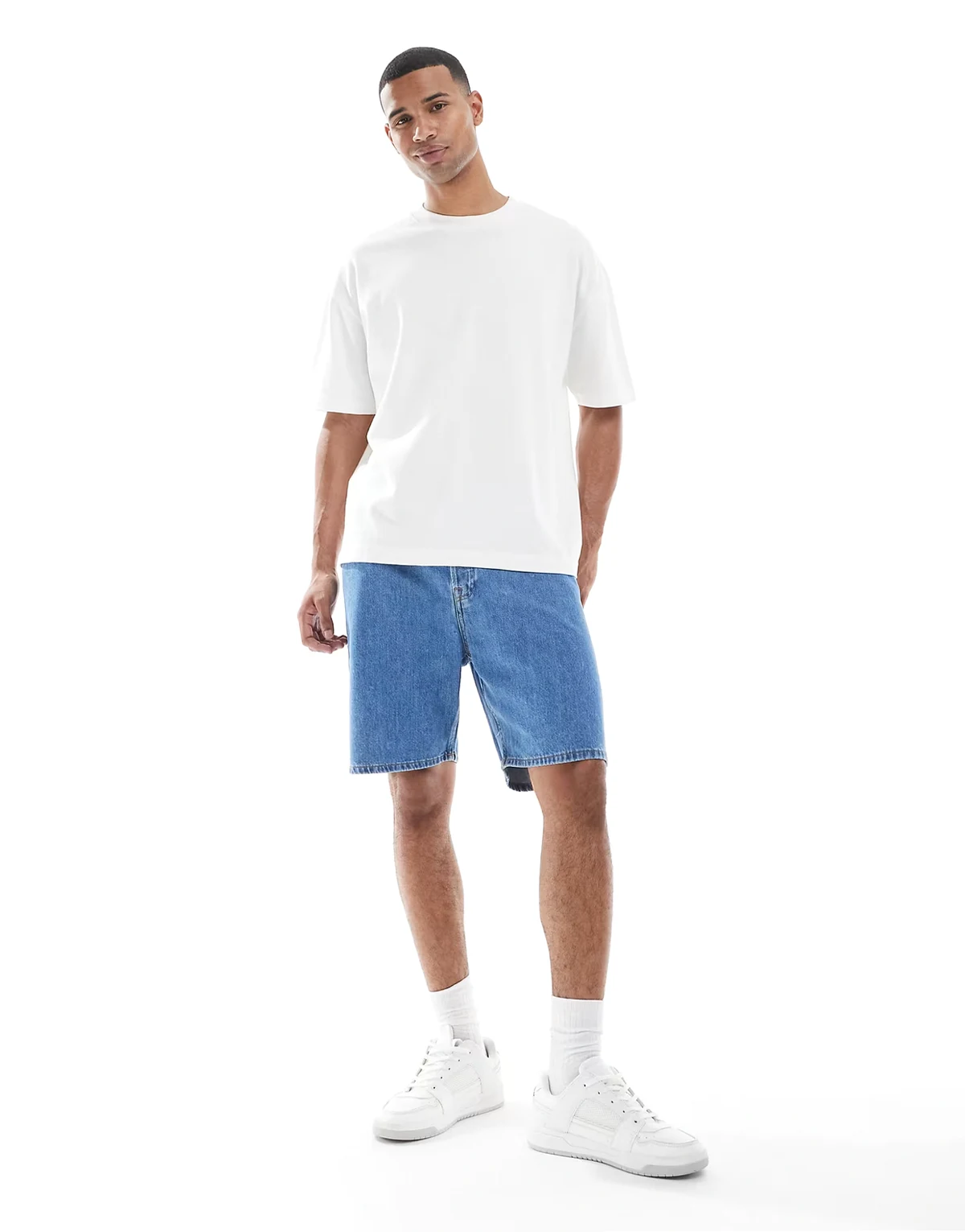 tony loose fit denim shorts in mid blue