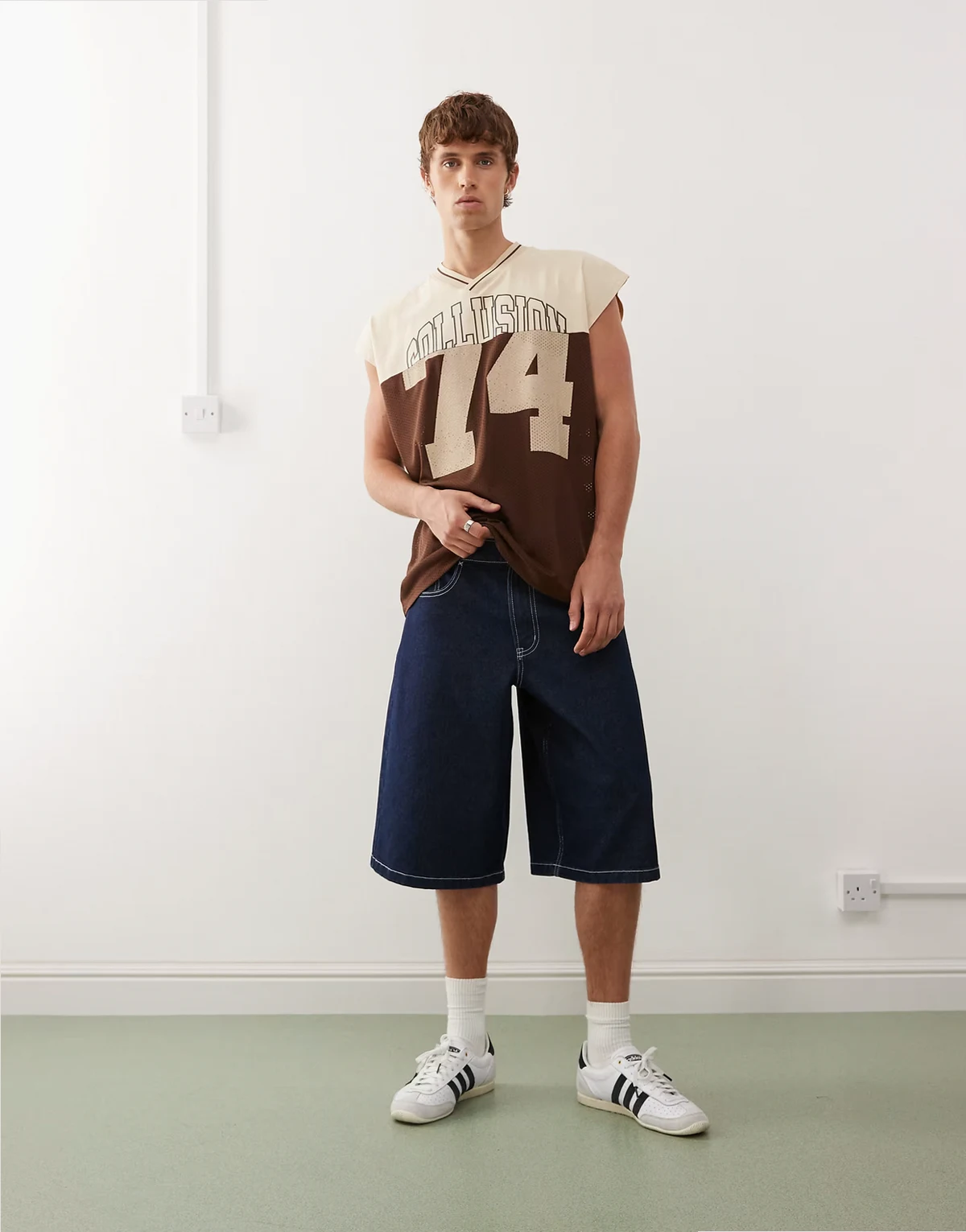 denim skater jorts with contrast stitch in rinsewash