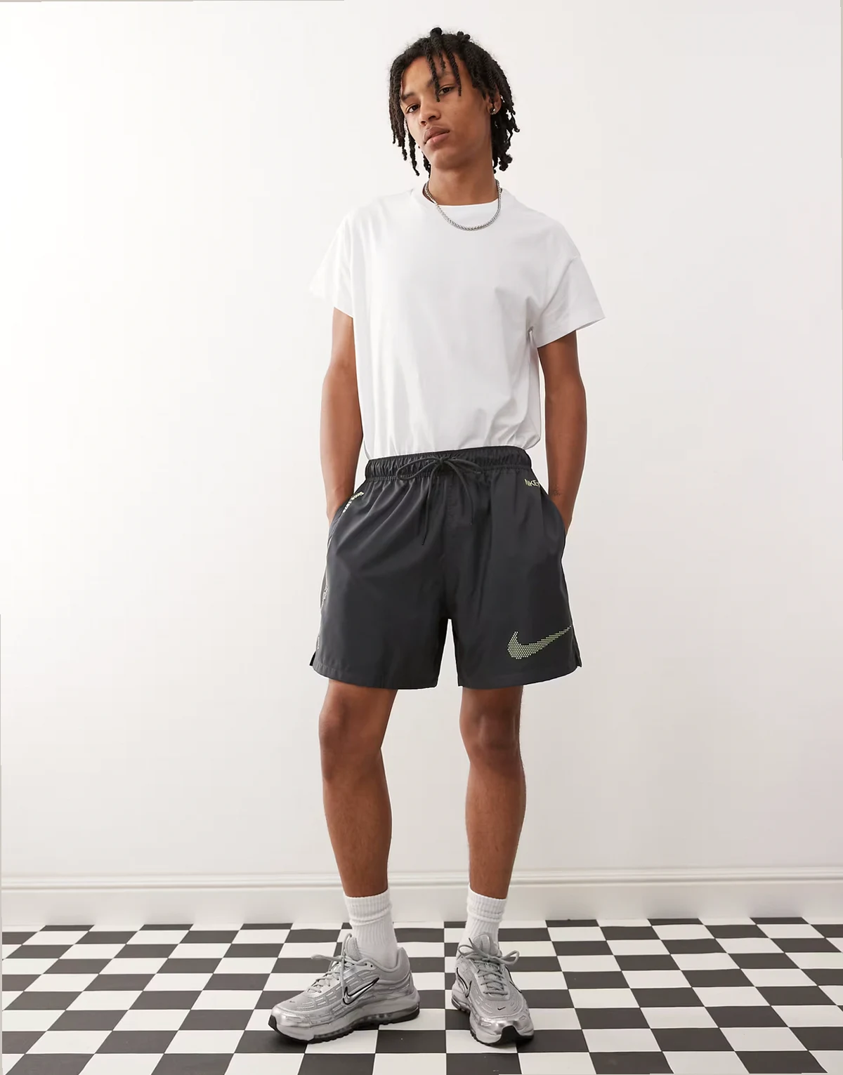 Club Swoosh woven shorts in dark gray and green