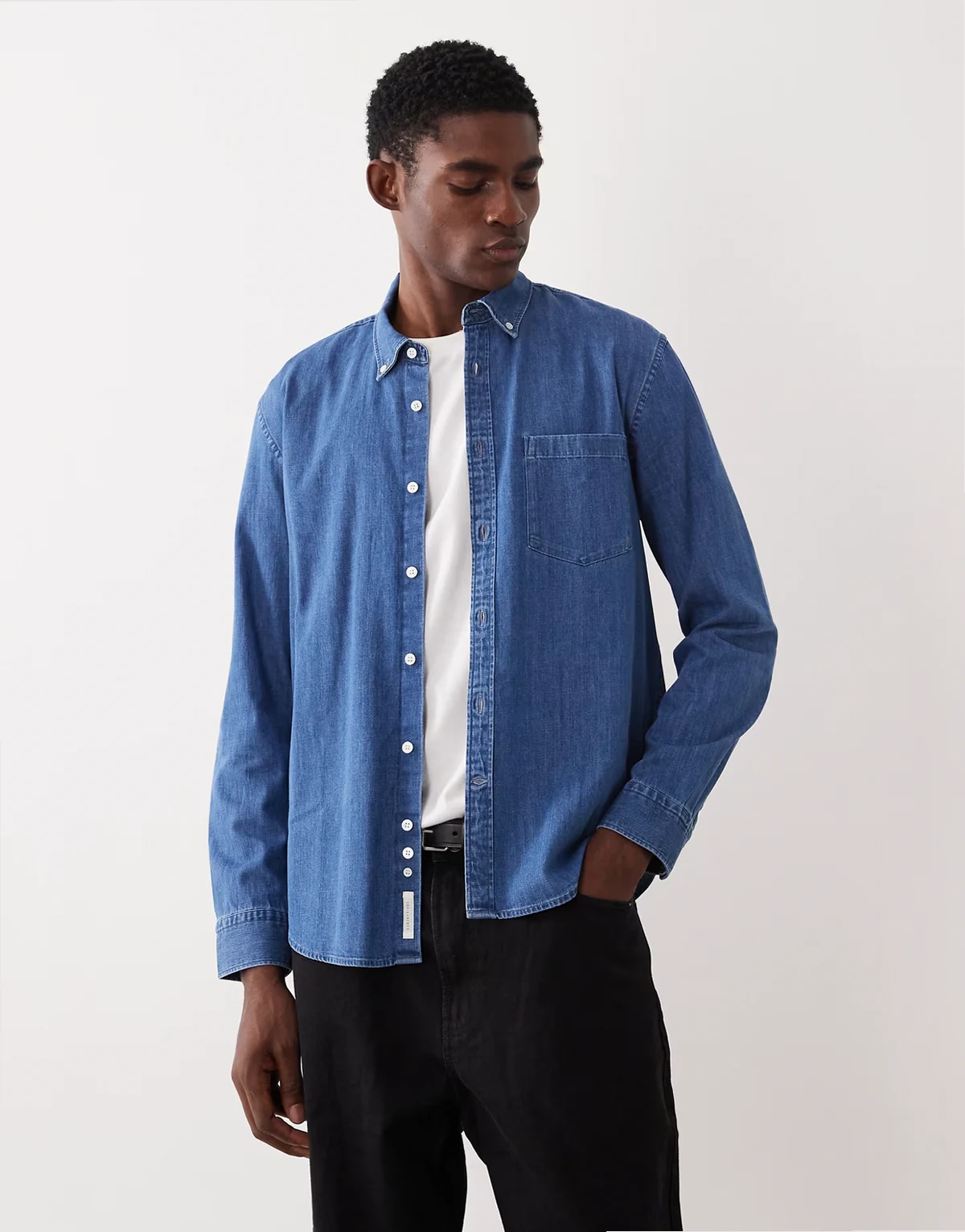 regular fit denim chambray shirt in mid blue wash
